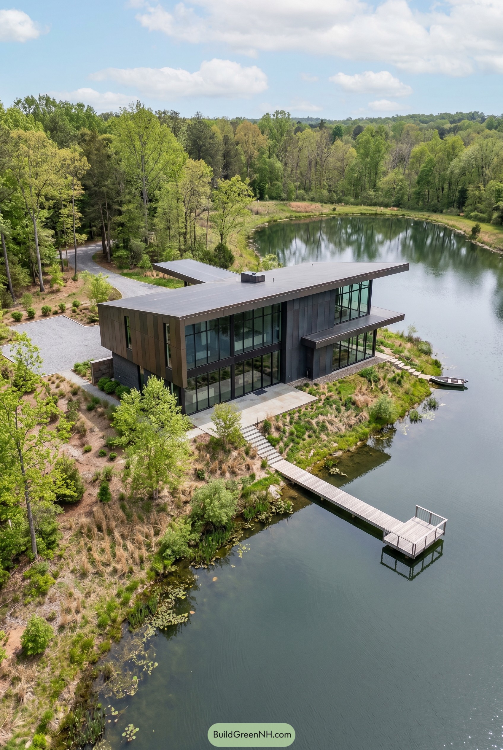 Bronze lakeside modern house with dock