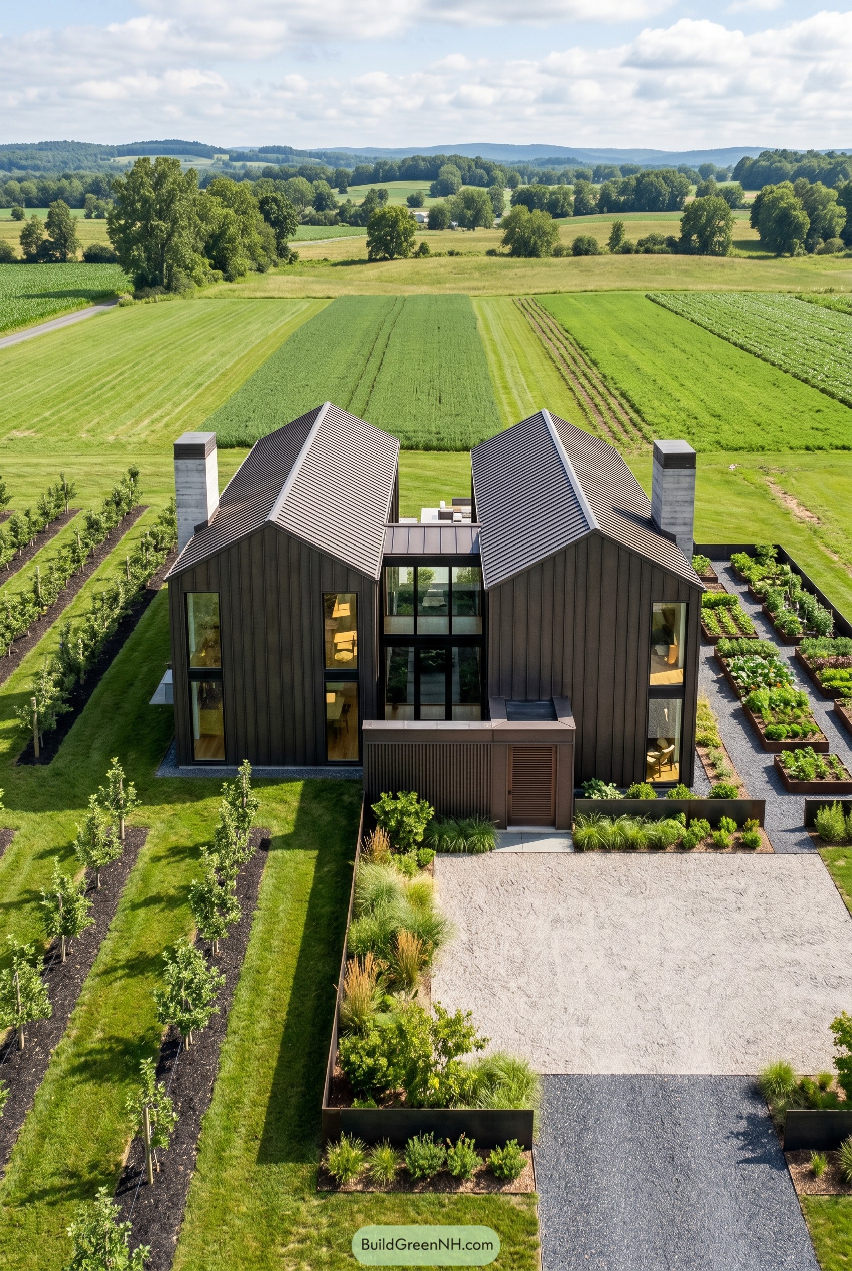 Bronze twin gabled house beside formal garden