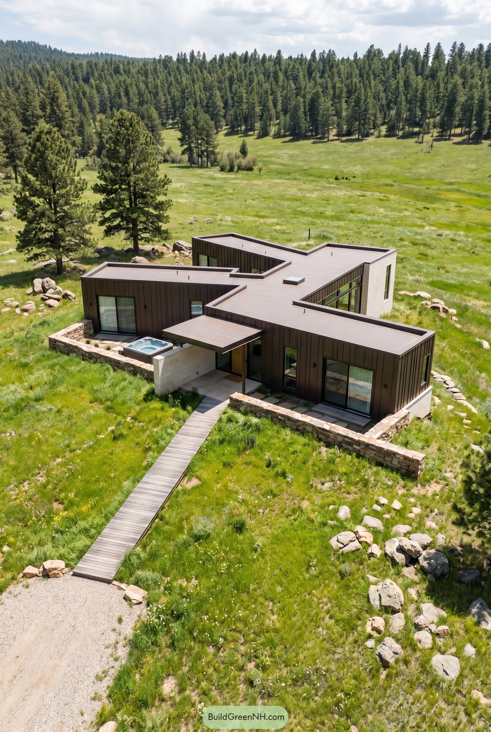 Bronze flat roof home with cross plan in a meadow