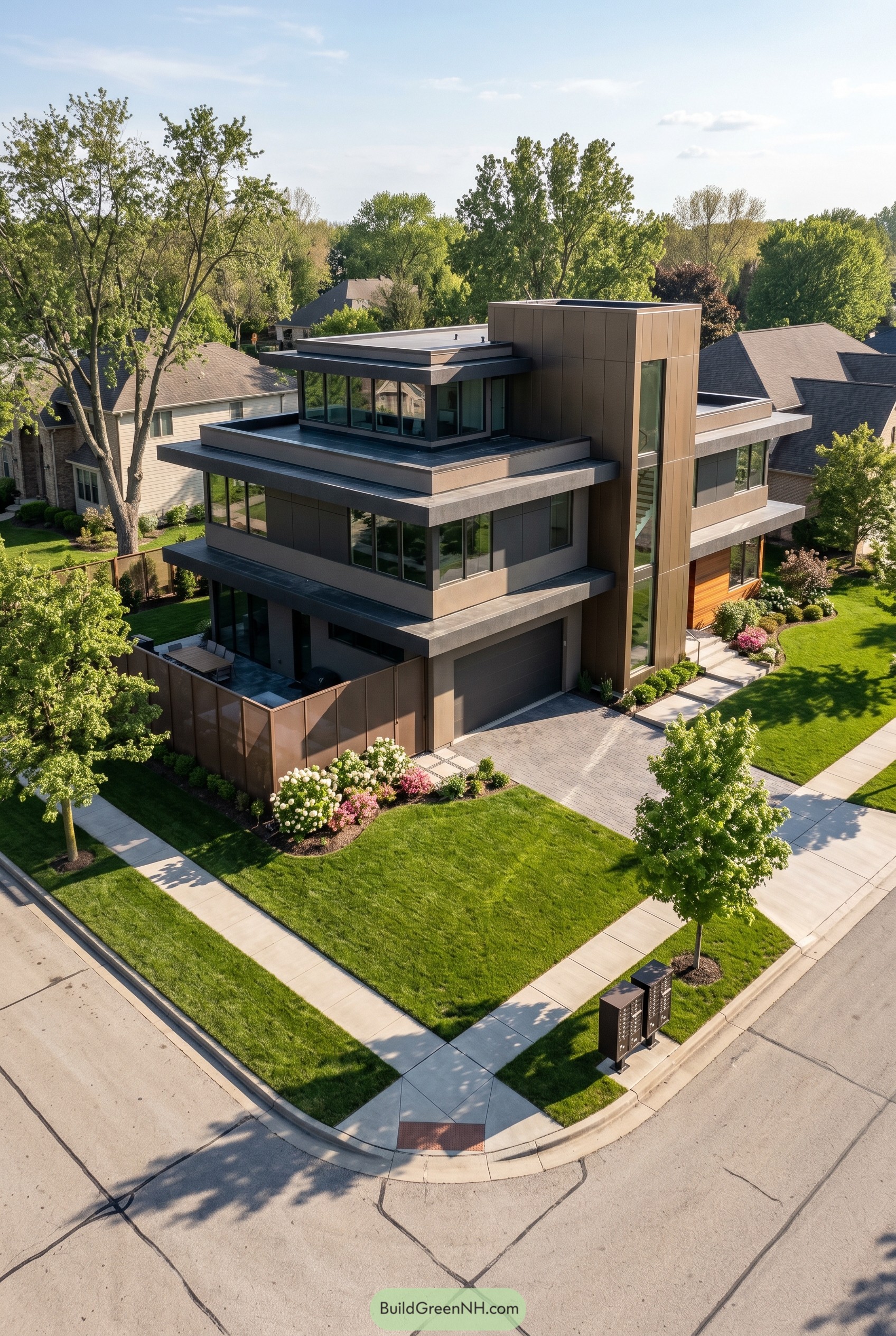 Tiered bronze modern house on a corner lot