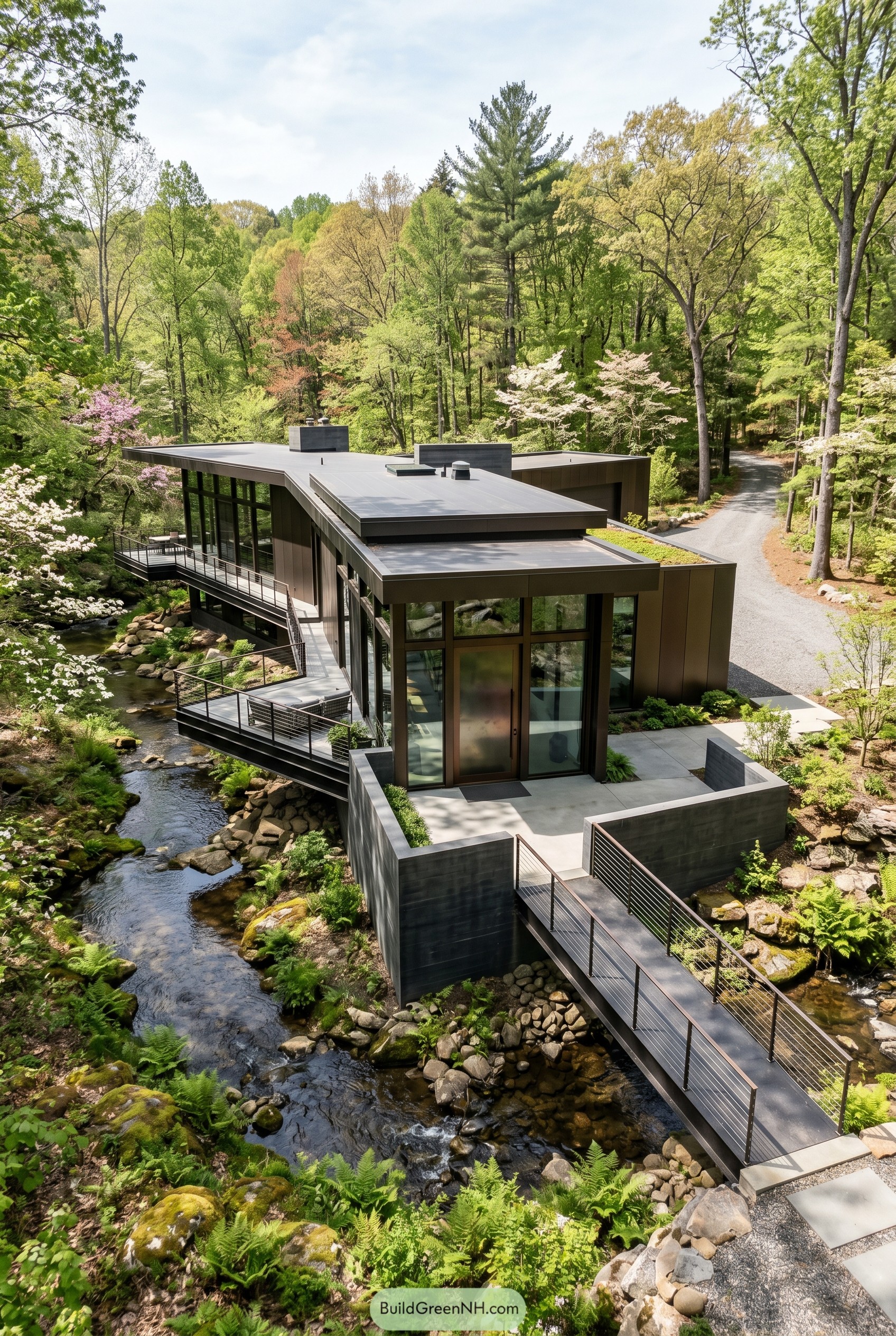 Bronze modern house spanning a wooded creek
