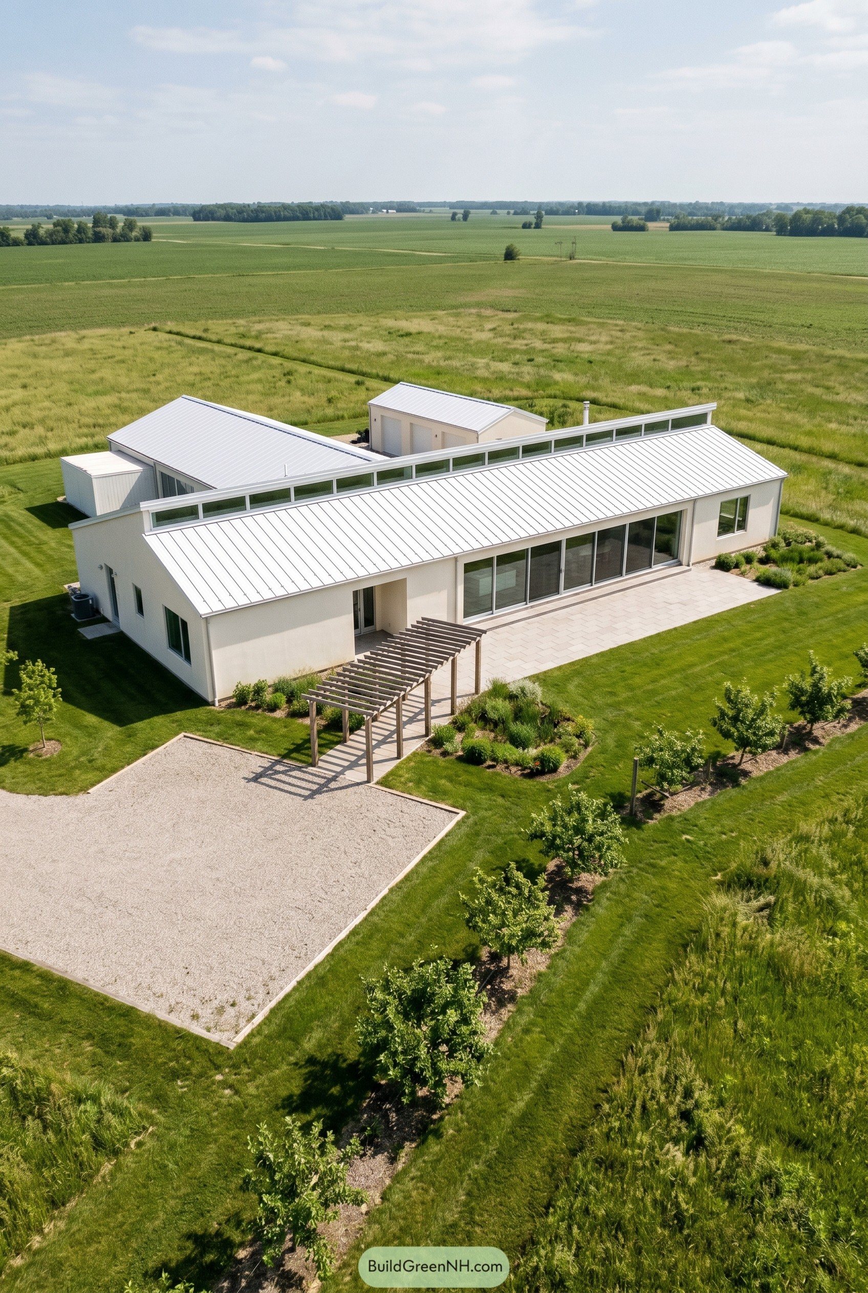 Warm white modern home with clerestory roof in open fields