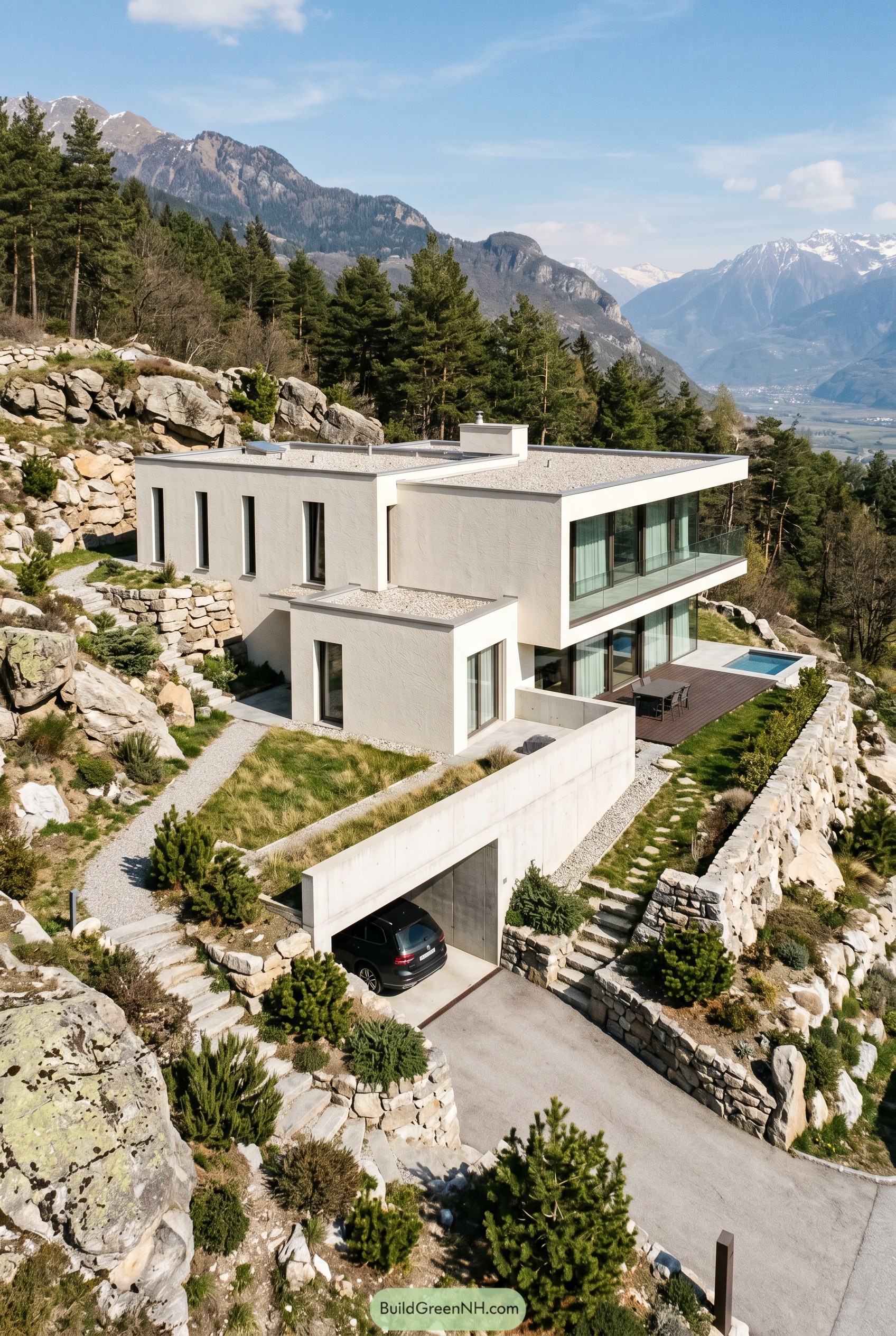 Warm white modern hillside house with mountain view