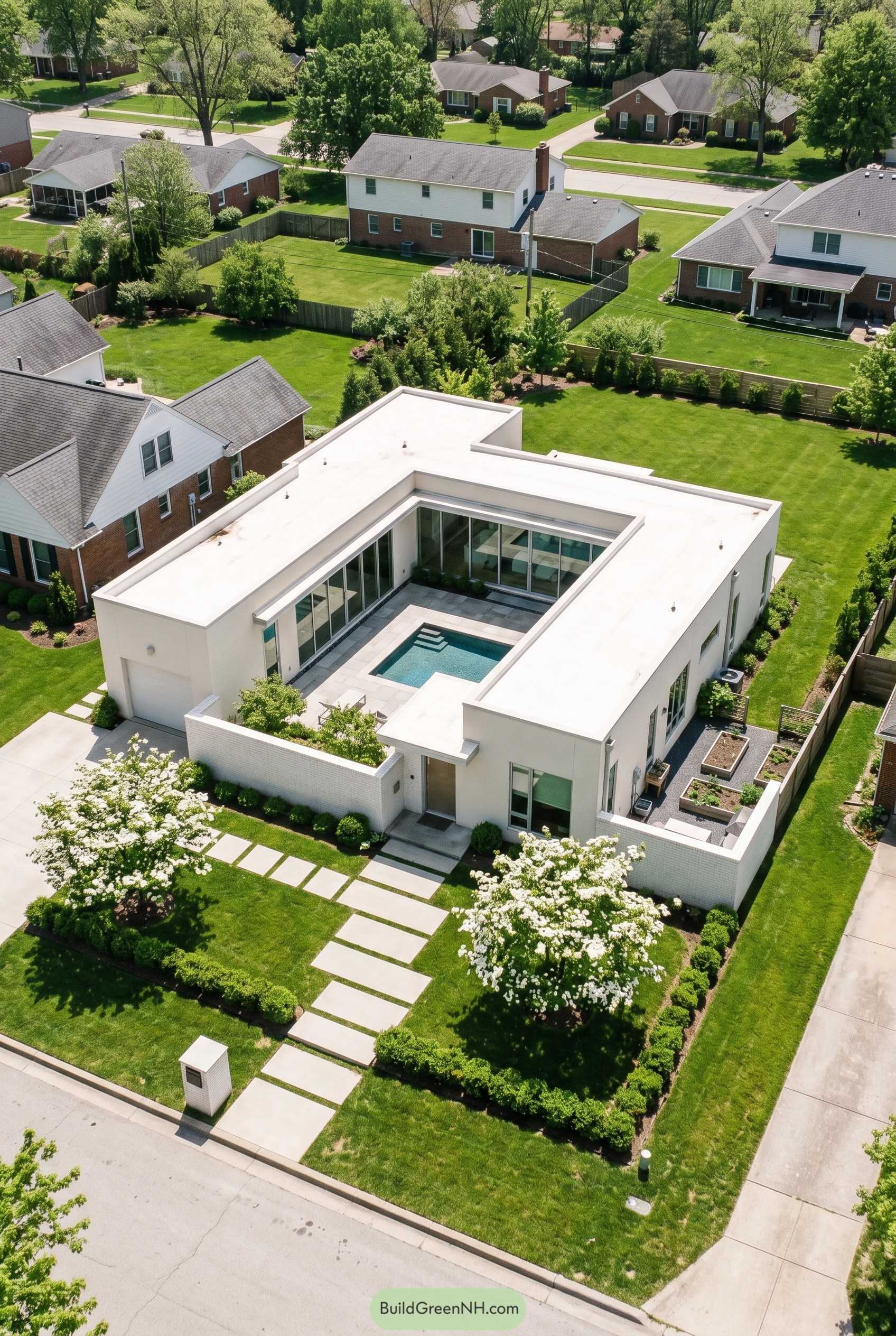 Warm white courtyard villa with central pool