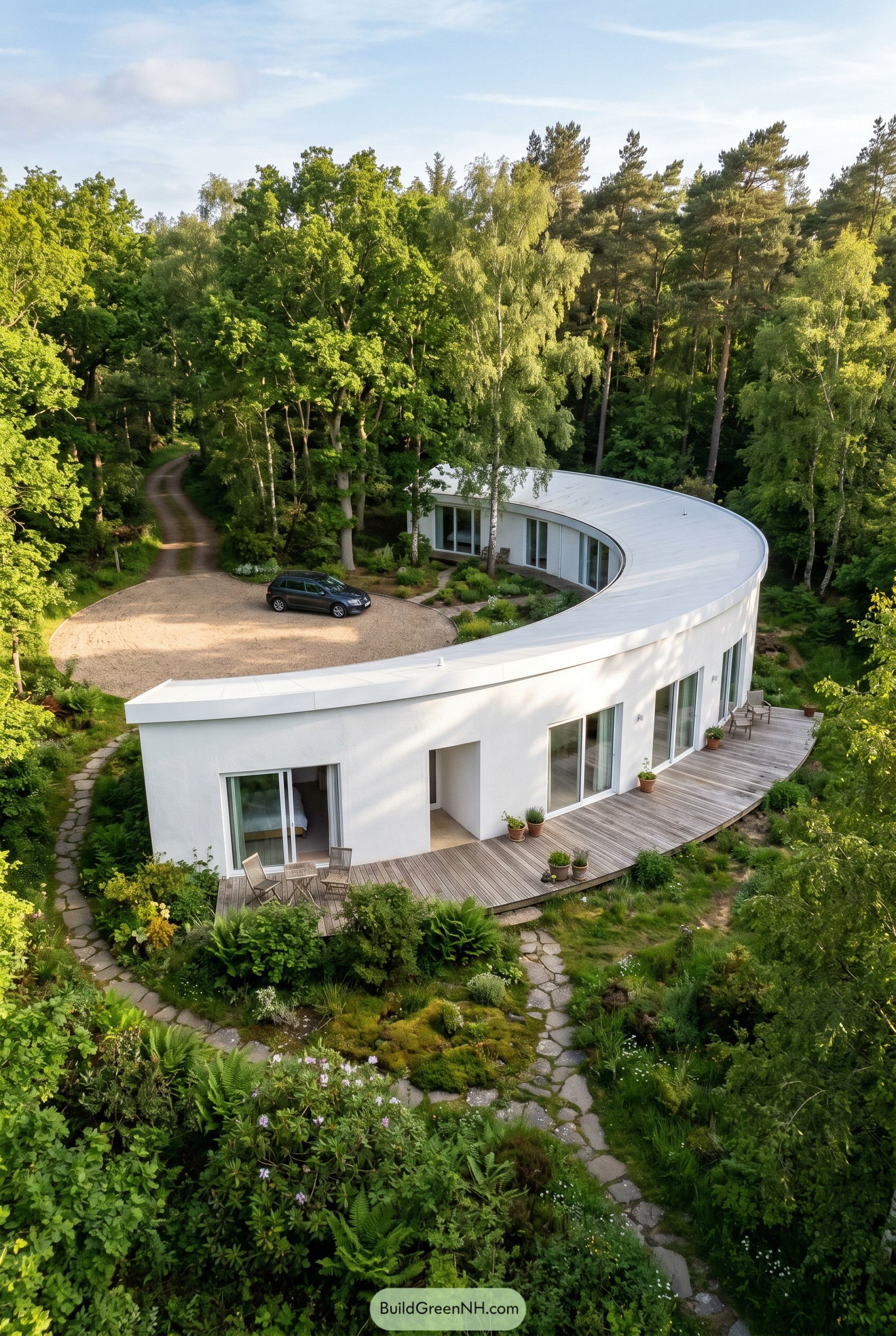 Curved warm white house encircling a forest driveway