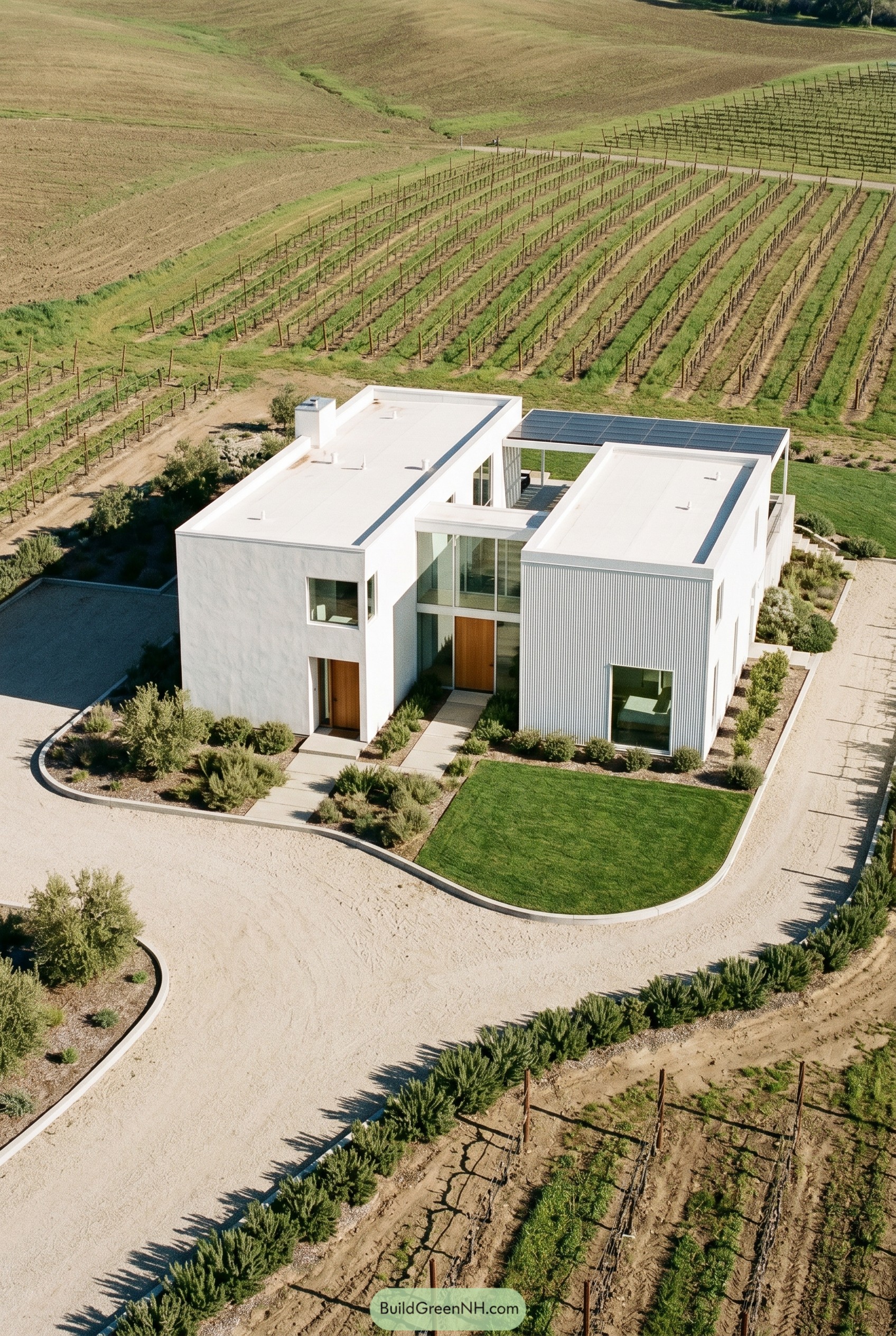 Warm white modern house beside vineyard rows