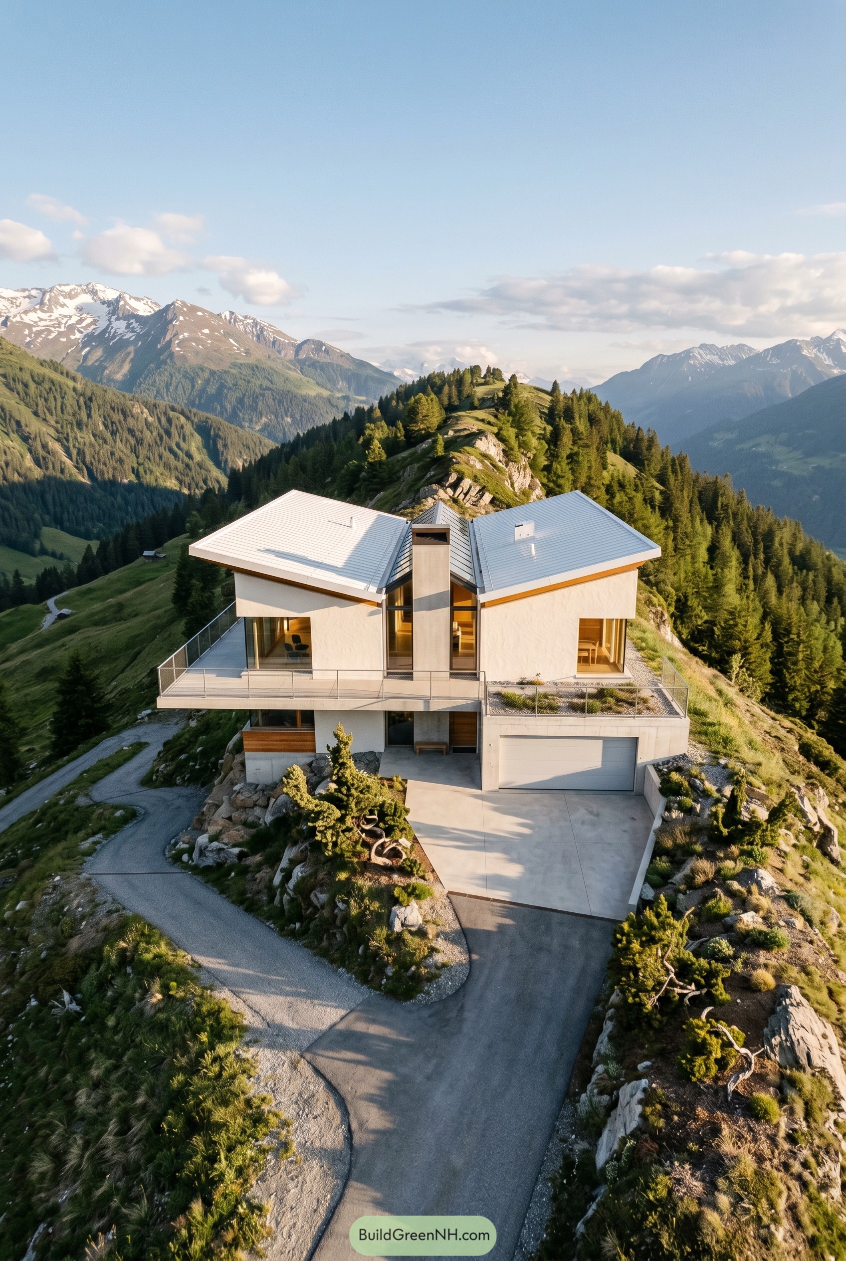 Warm white modern mountain house with twin sloped roofs