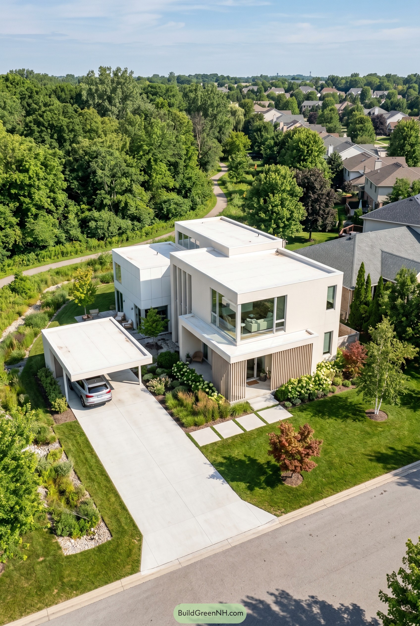 Warm white modern cube house with carport