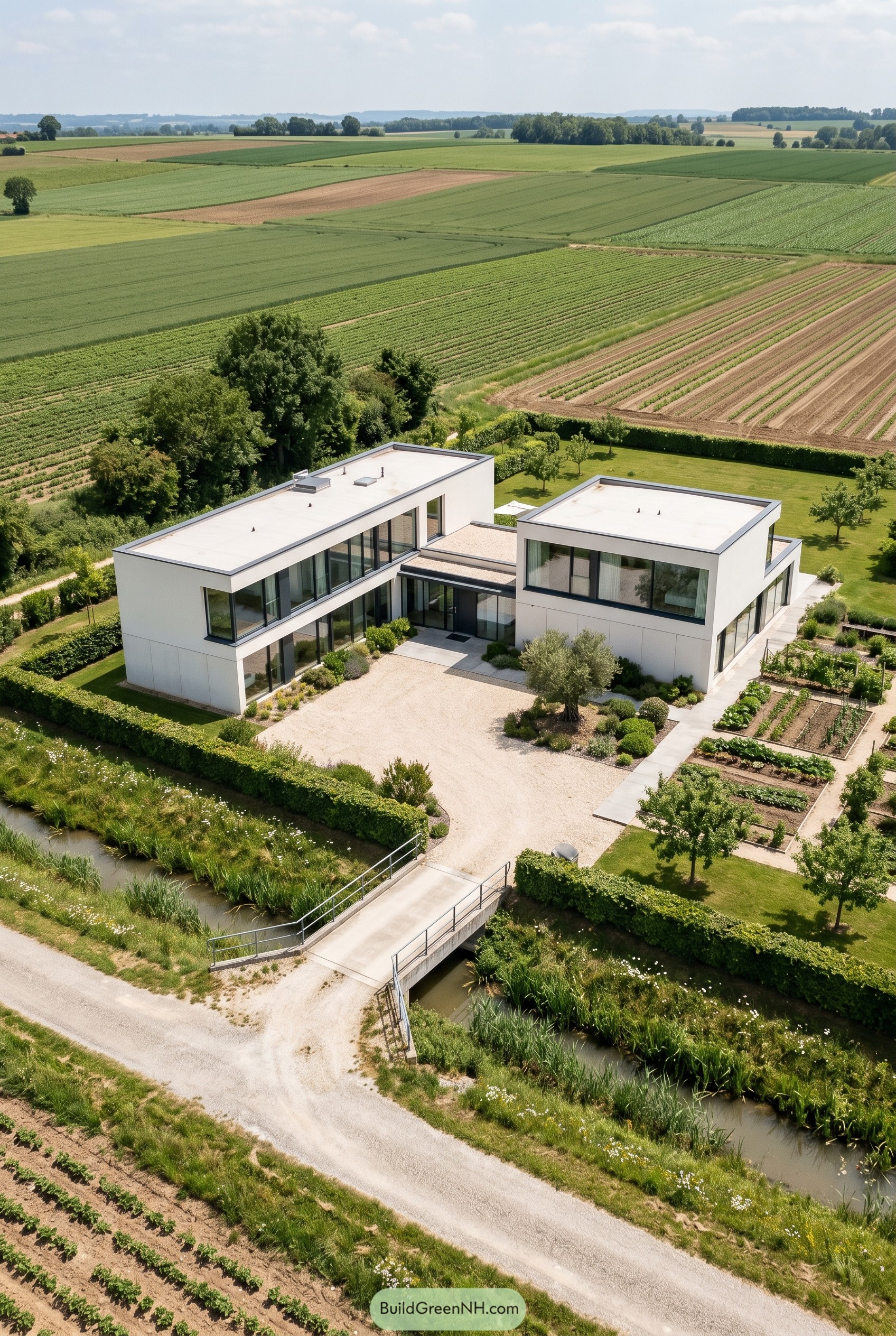 Warm white modern villa beside canal and fields
