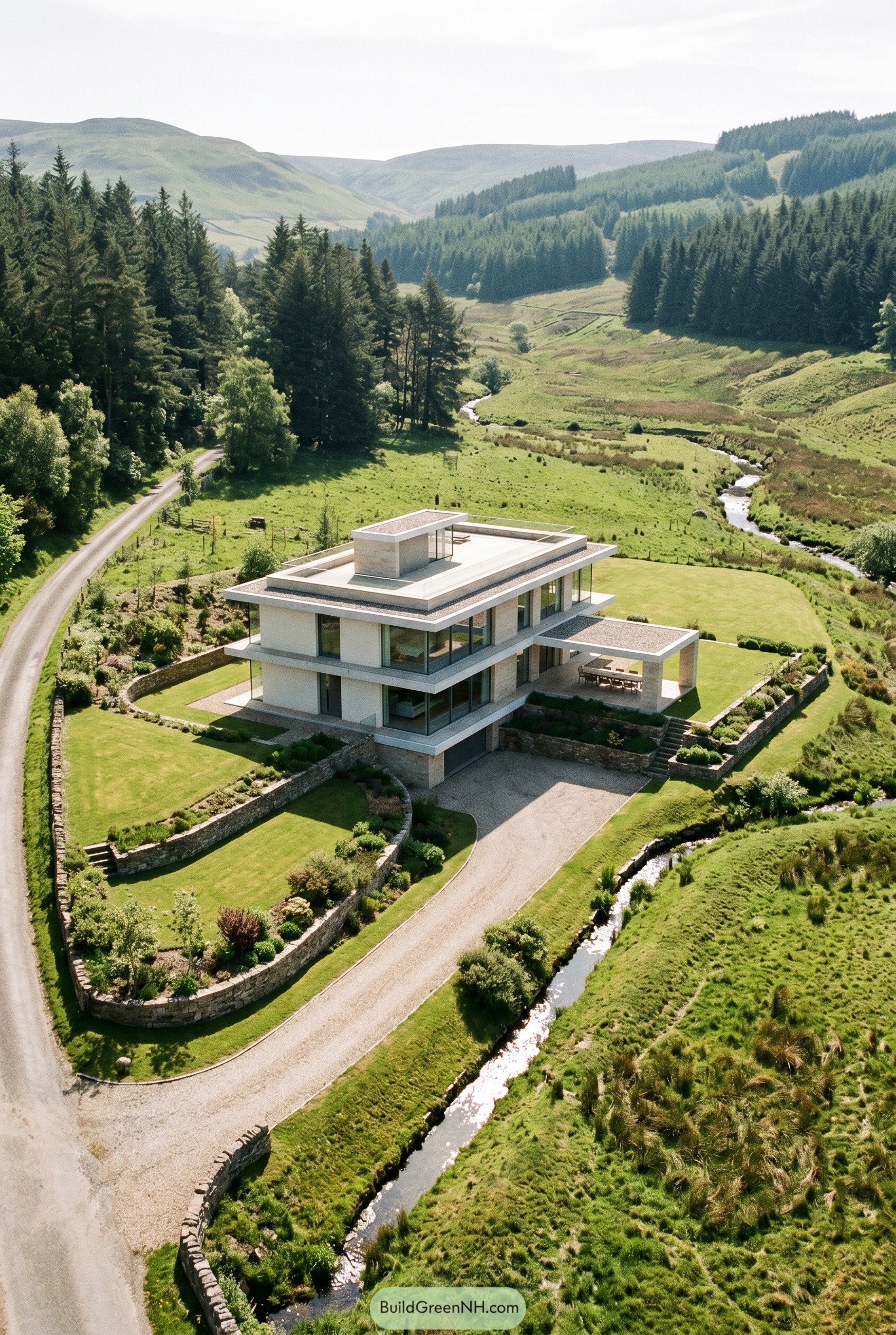 Warm white modern house beside winding creek