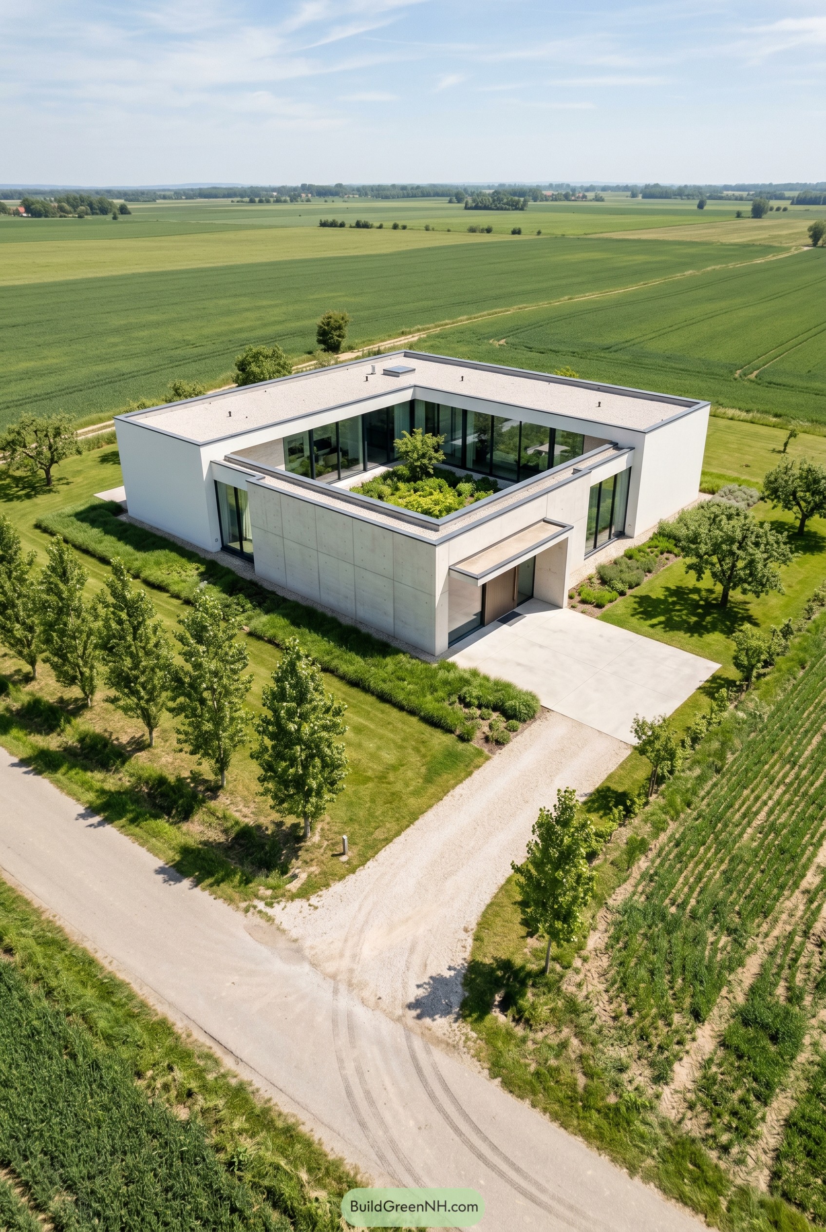 Warm white courtyard house amid open fields