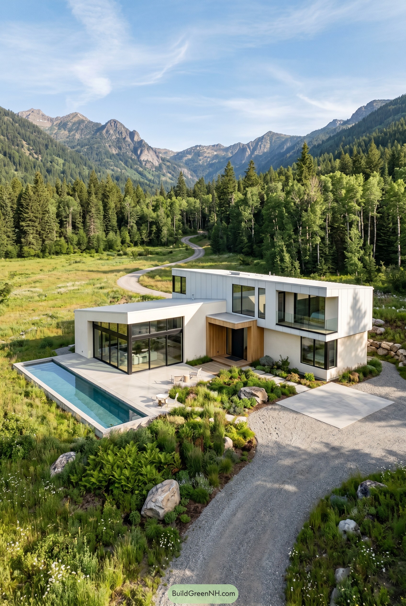 Warm white modern house with lap pool in a mountain meadow