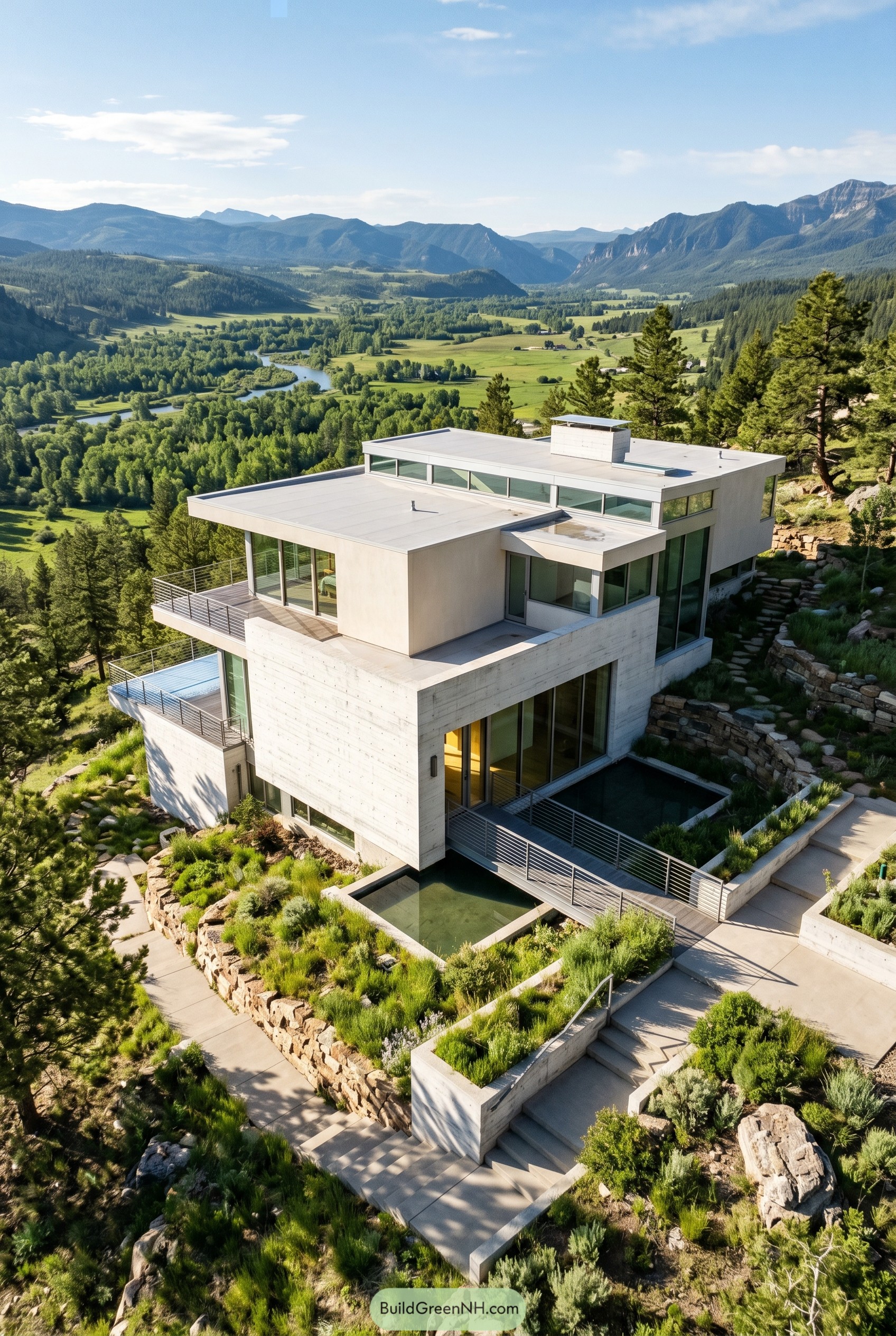 Warm white modern hillside house with terraces