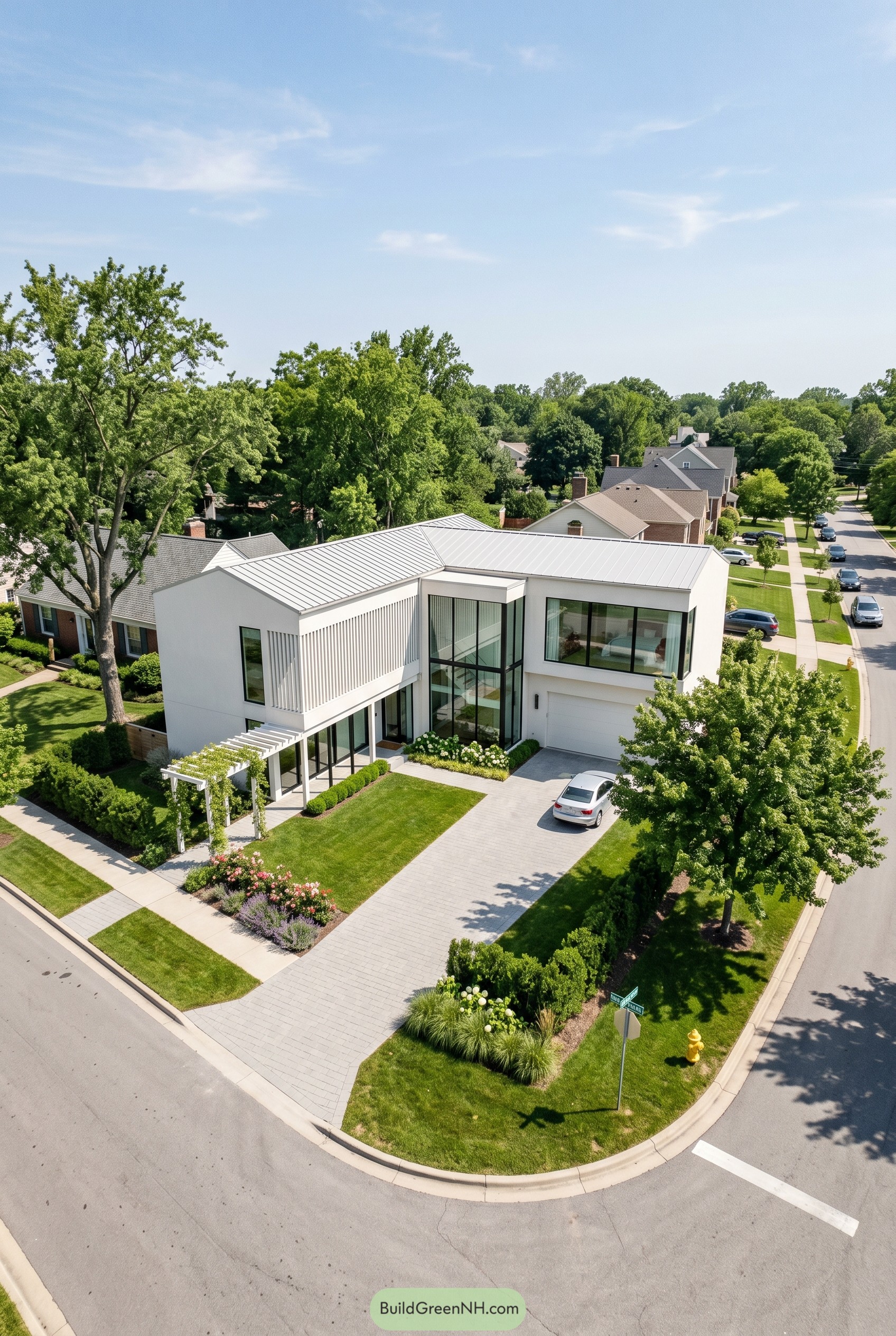 Warm white modern house on a corner lot