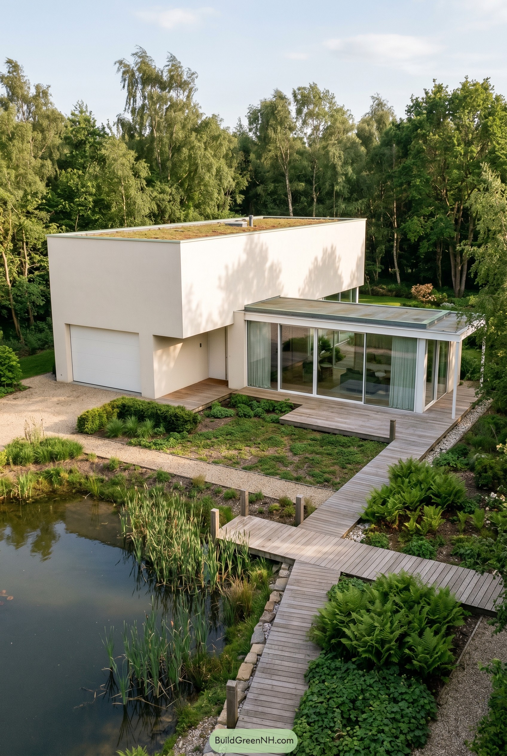 Warm white modern house beside a pond