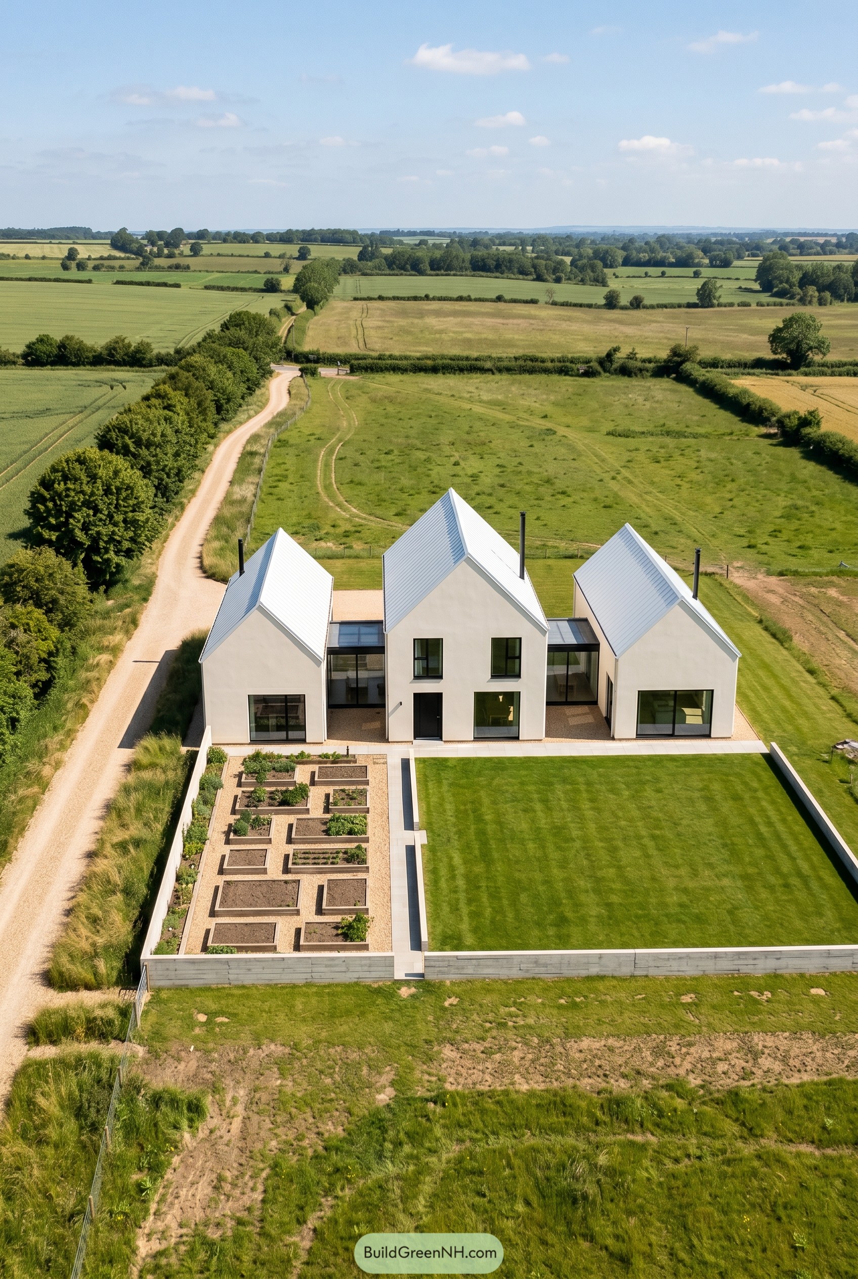 Warm white triple gable house in open fields