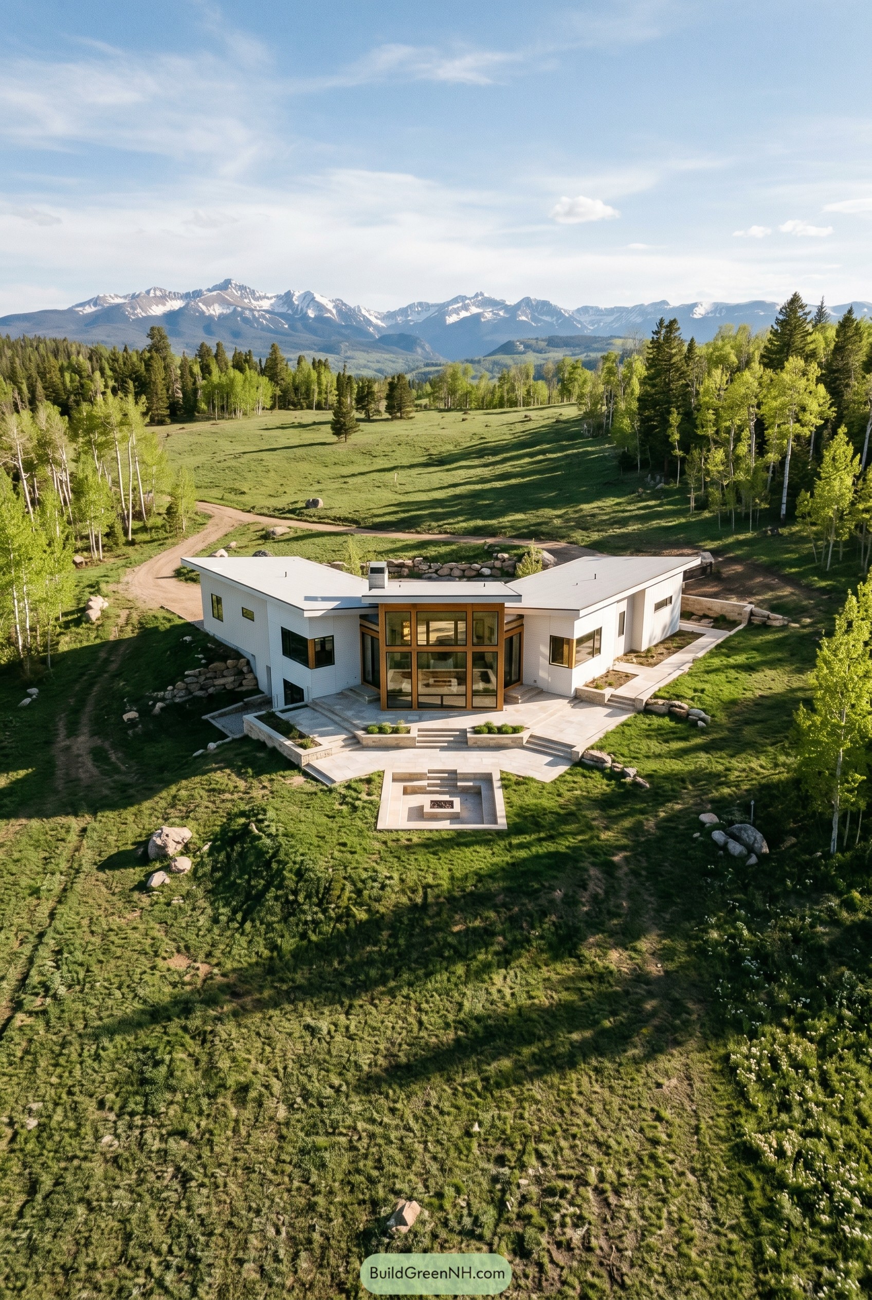 Warm white angular home in a mountain meadow