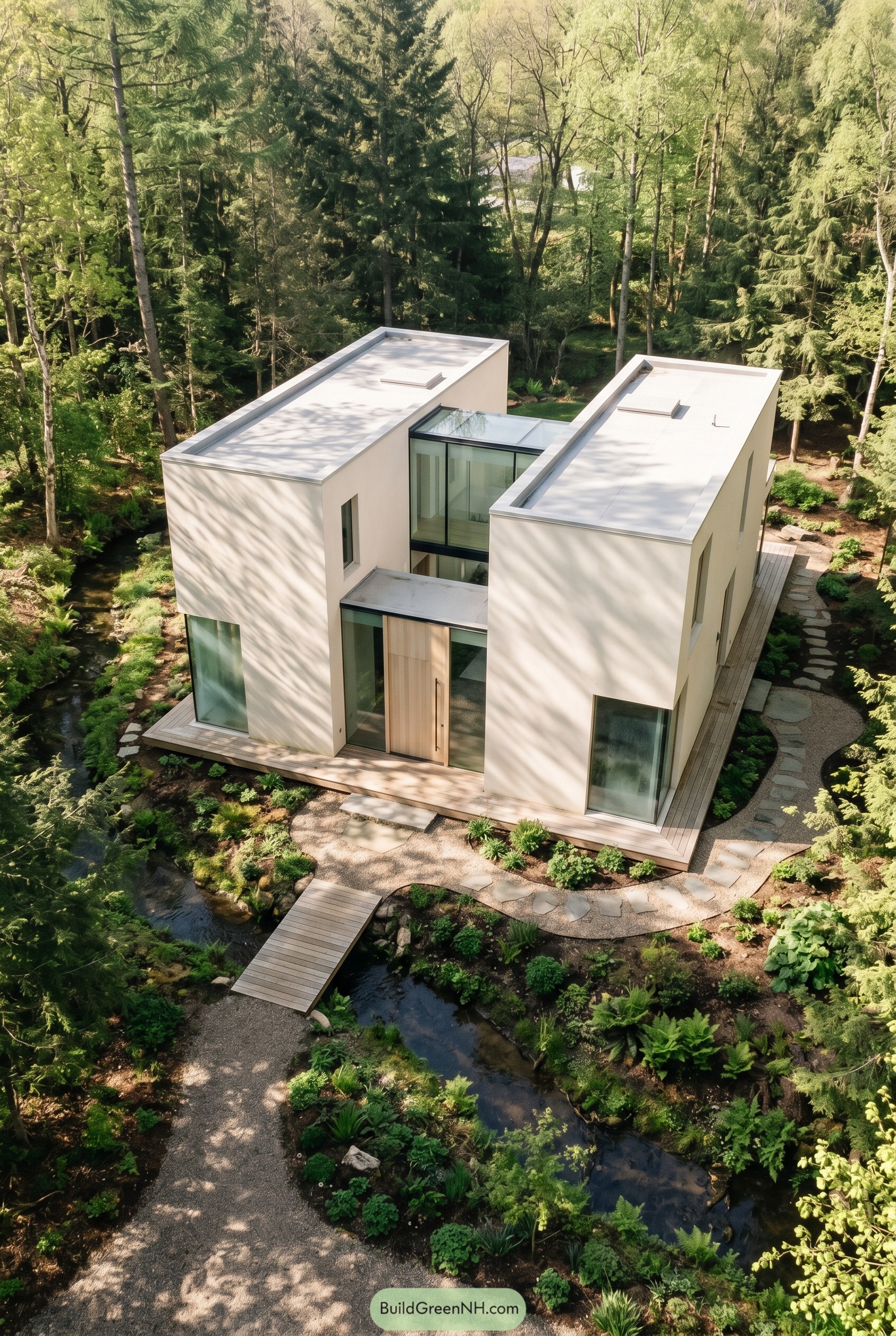Warm white modern house over woodland creek