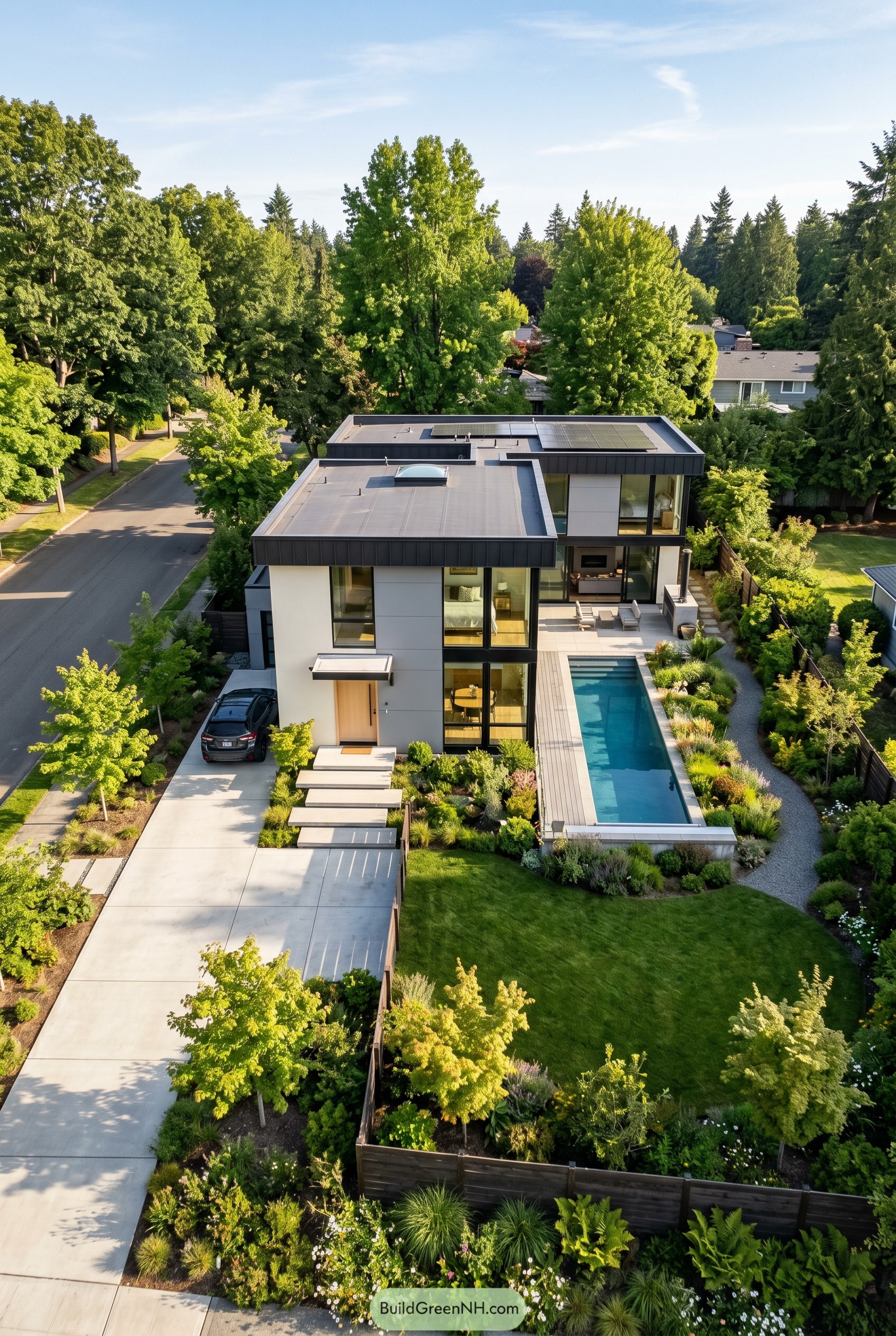 Warm white modern house with lap pool and flat roofs