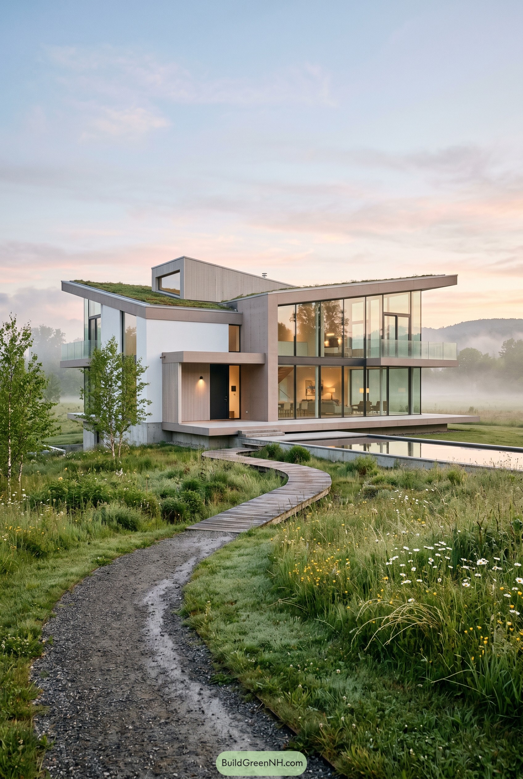 Modern glass house with green roof in meadow