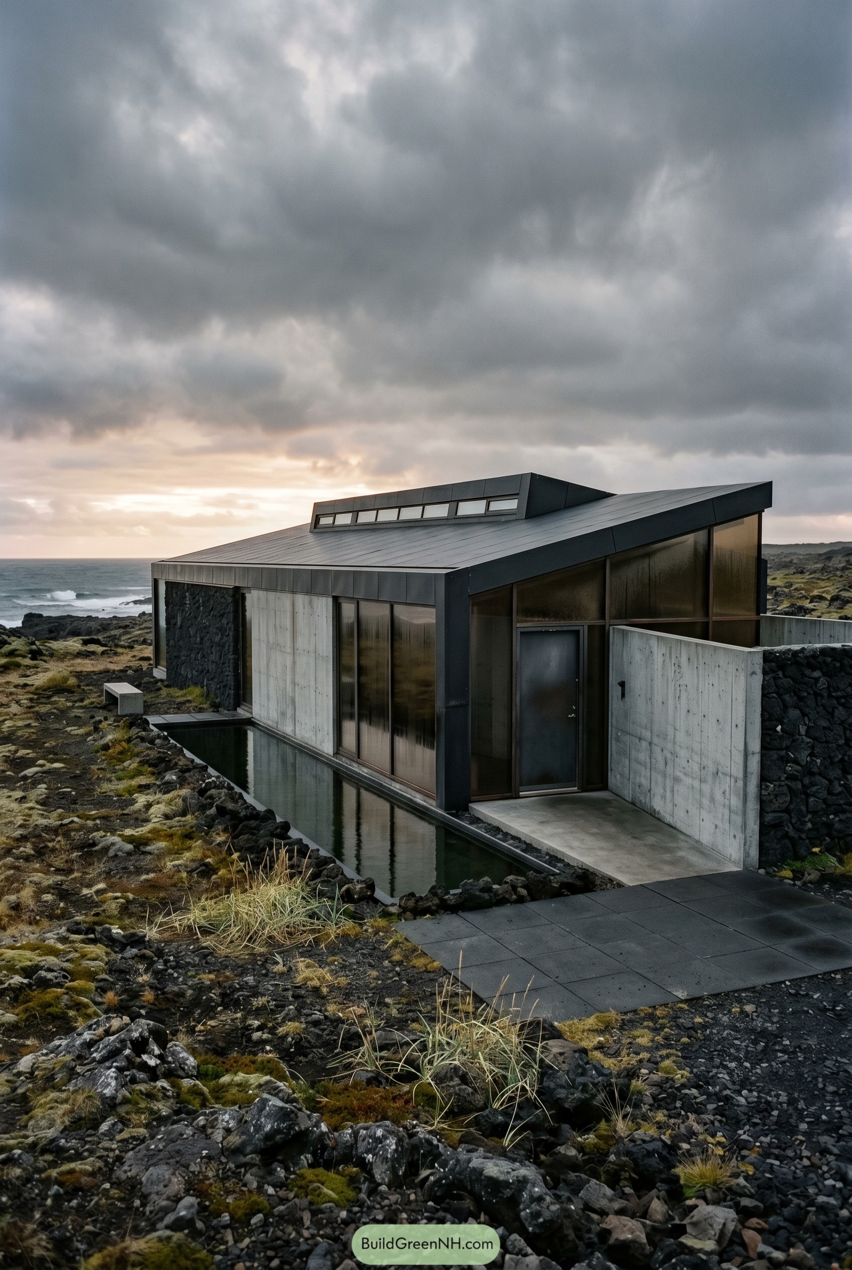 Angular black house on rocky coast