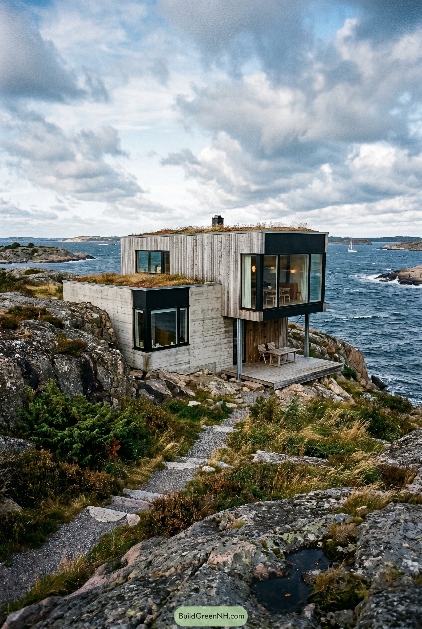 Modern wood house on rocky seaside cliffs