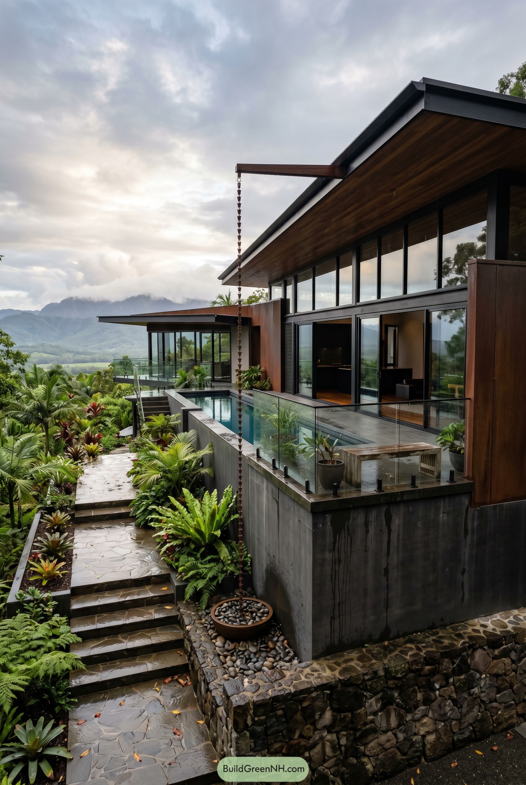 Modern tropical hillside house with pool and mountain views