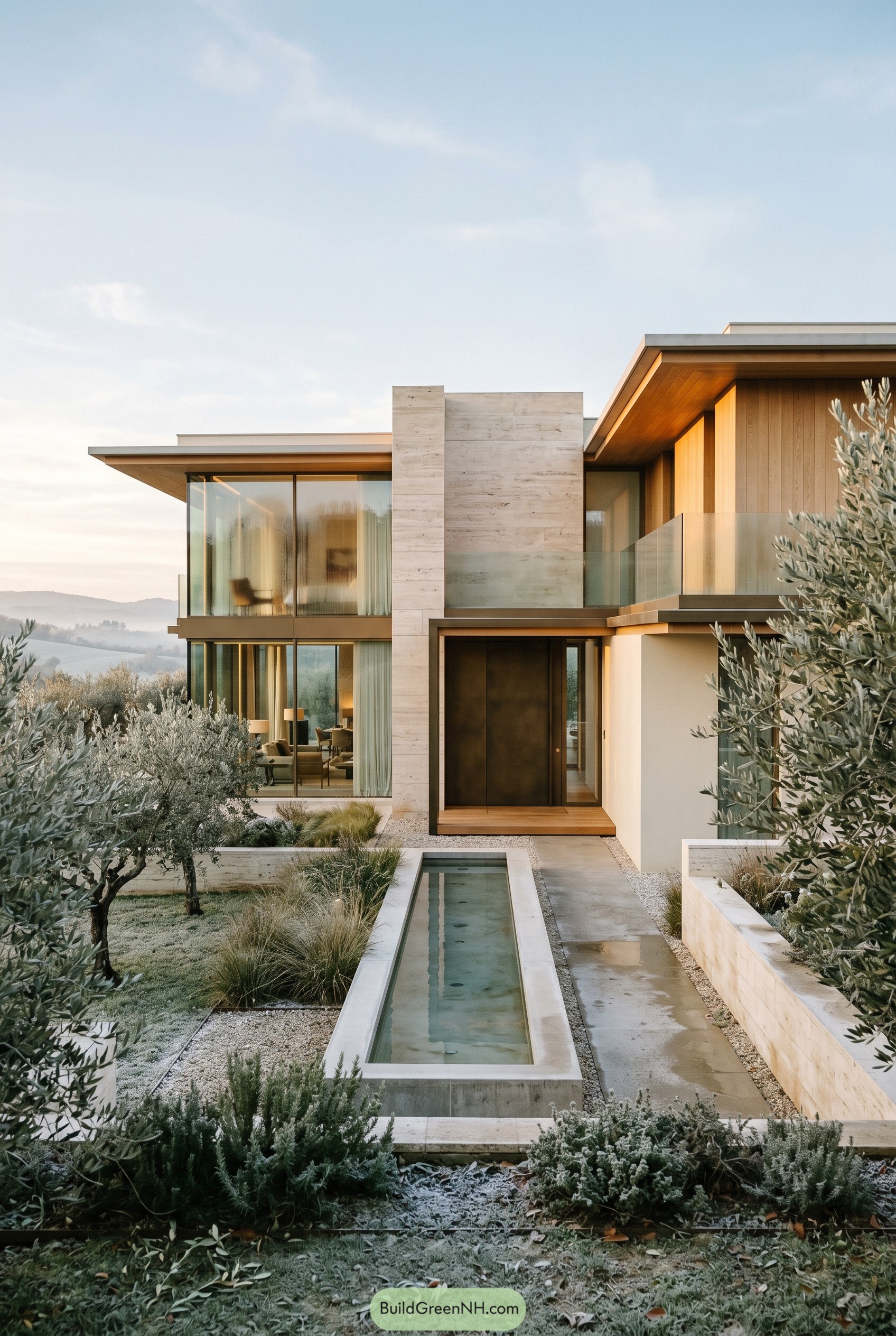 Modern two story home with reflecting pool and olive trees