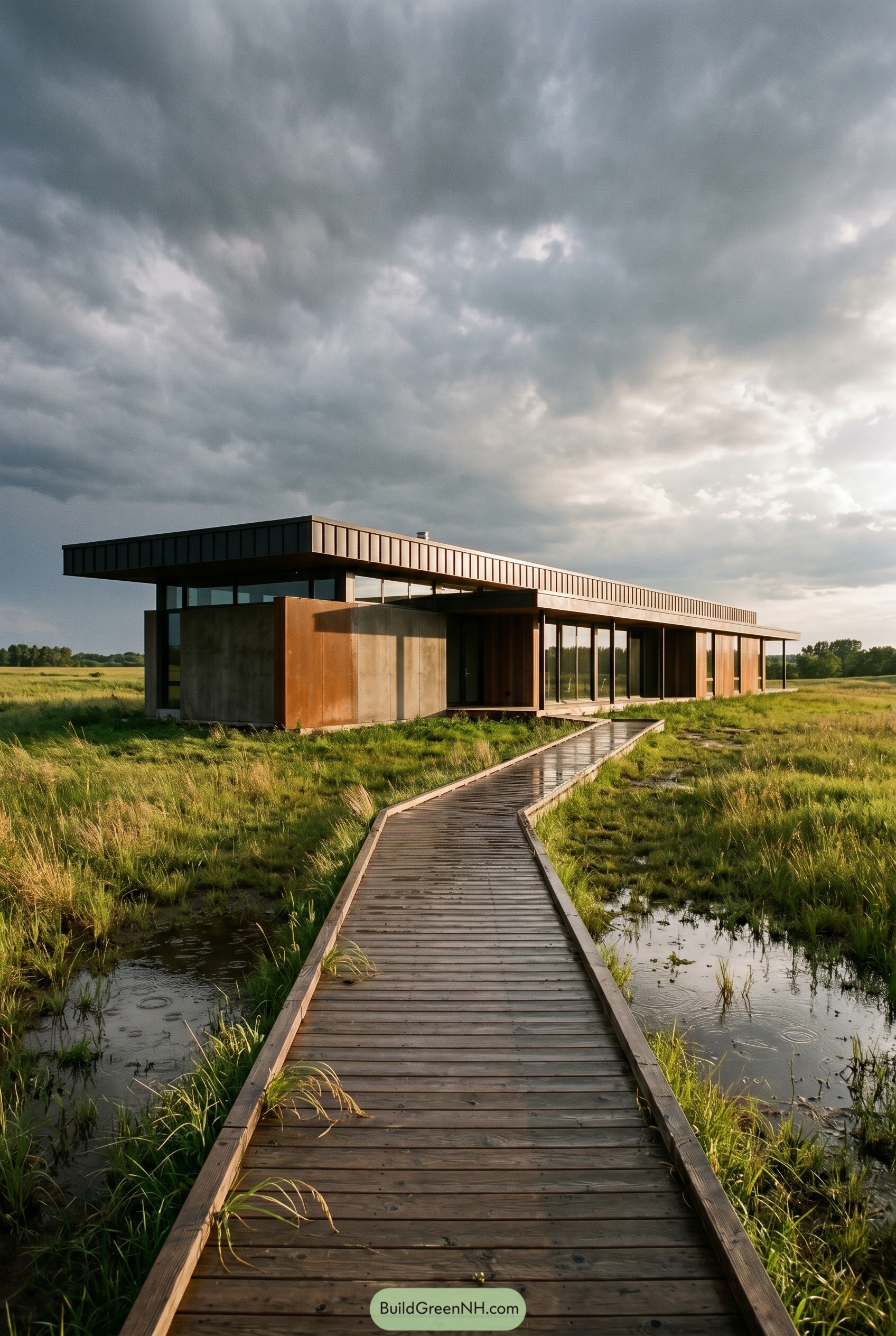 Linear modern house with boardwalk in marsh