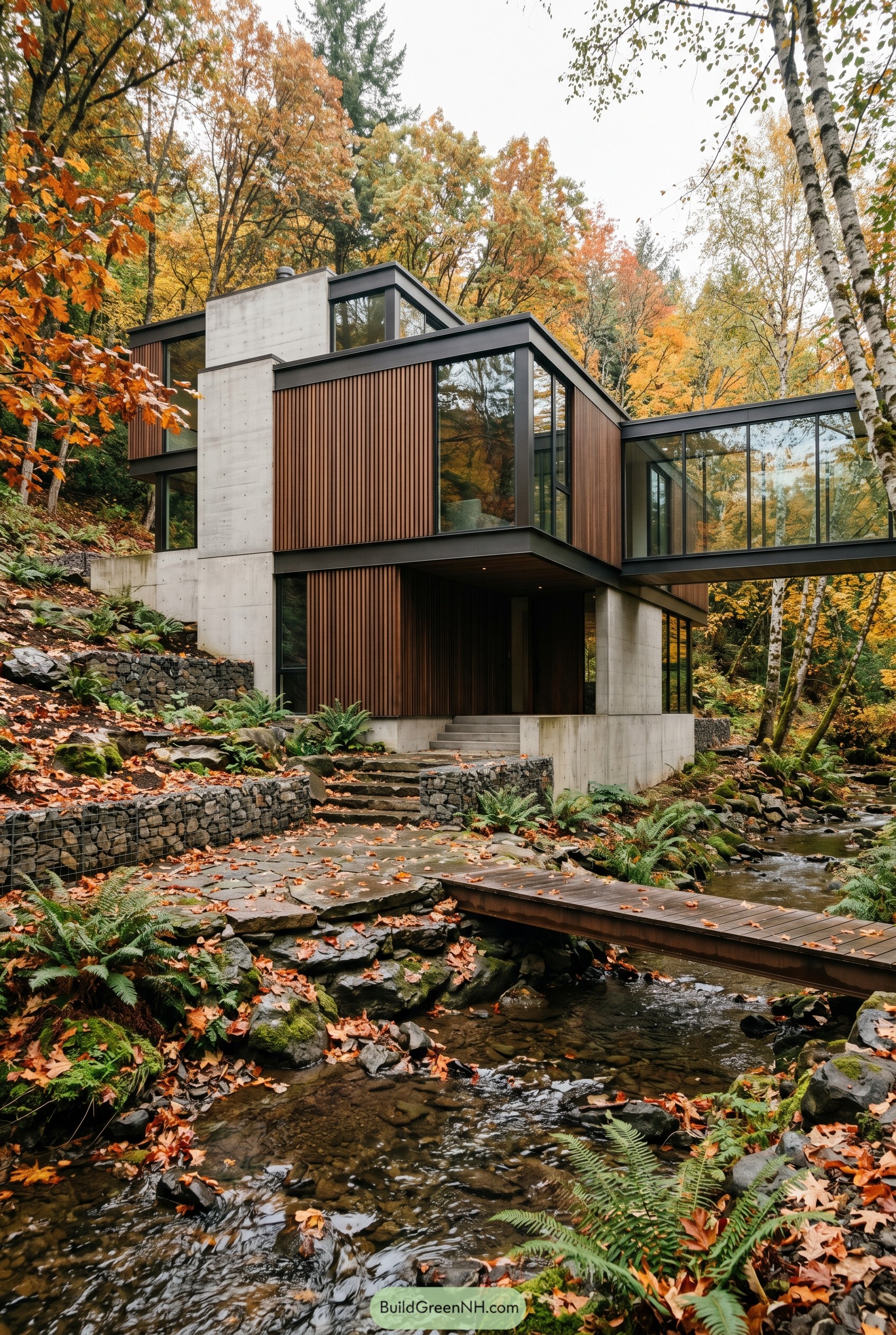 Modern wood and concrete house above a forest creek in autumn