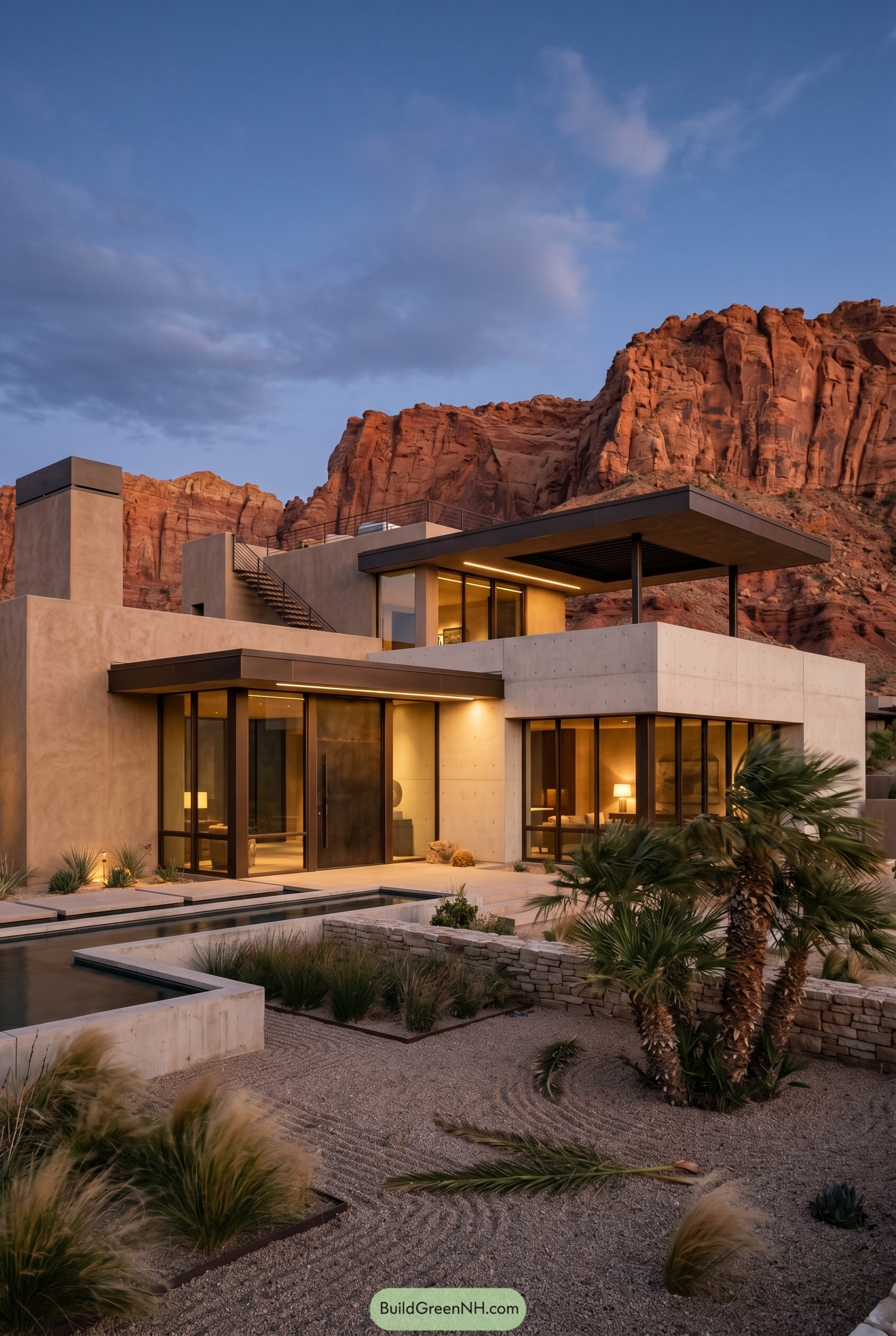 Modern desert house with rooftop terrace by red cliffs