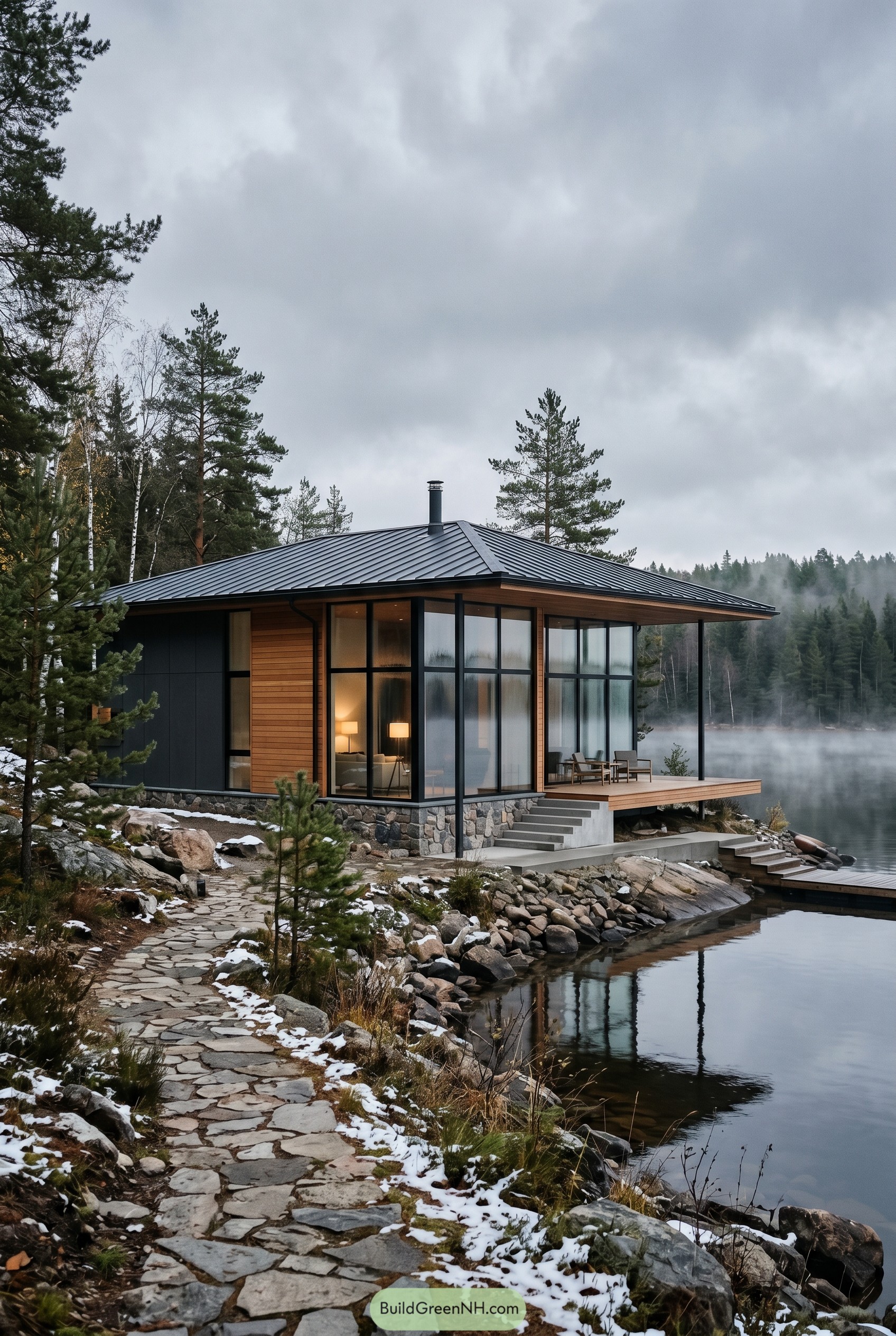 Modern lakeside house with glass walls and a metal roof