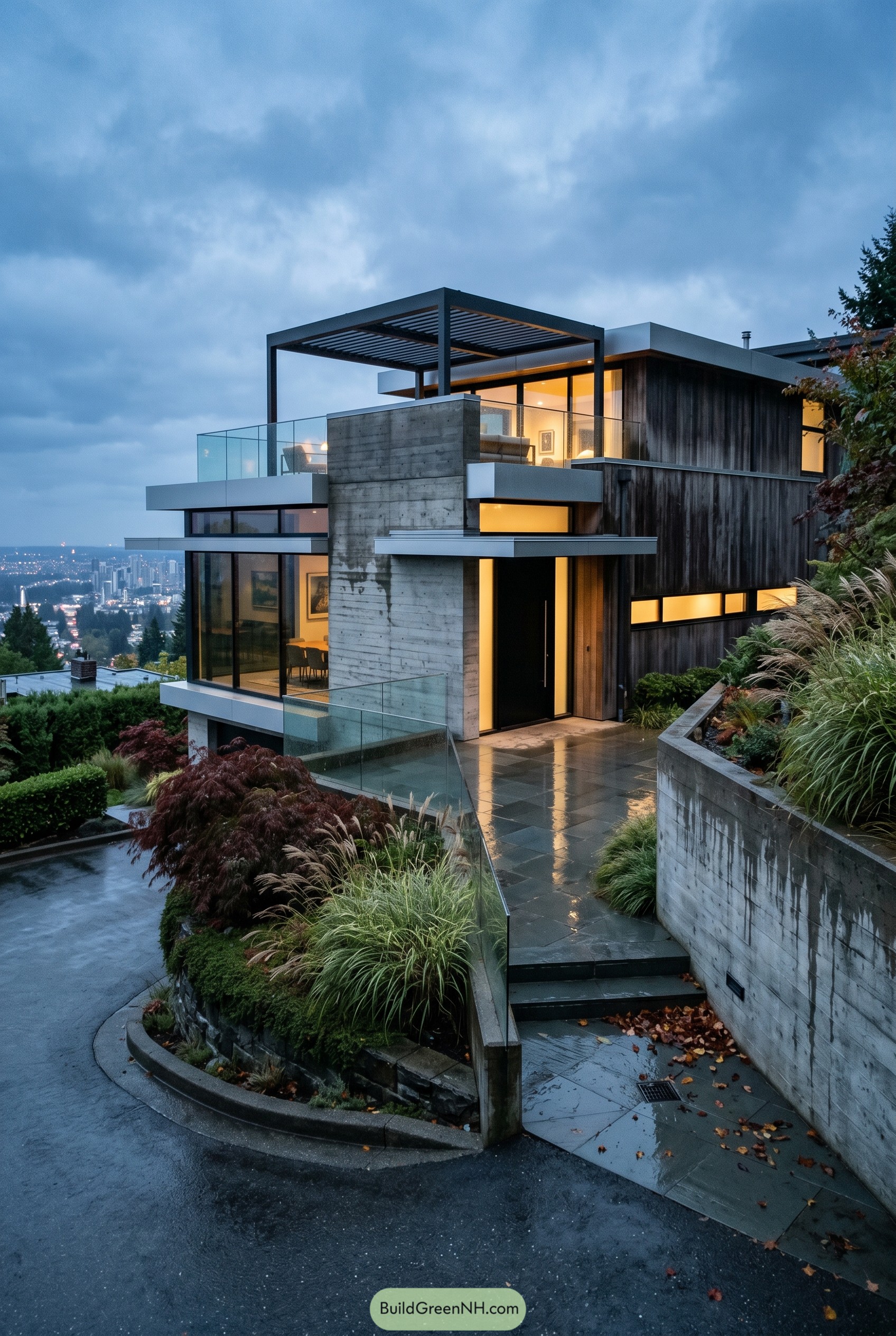 Modern hillside house with concrete walls and glass balconies