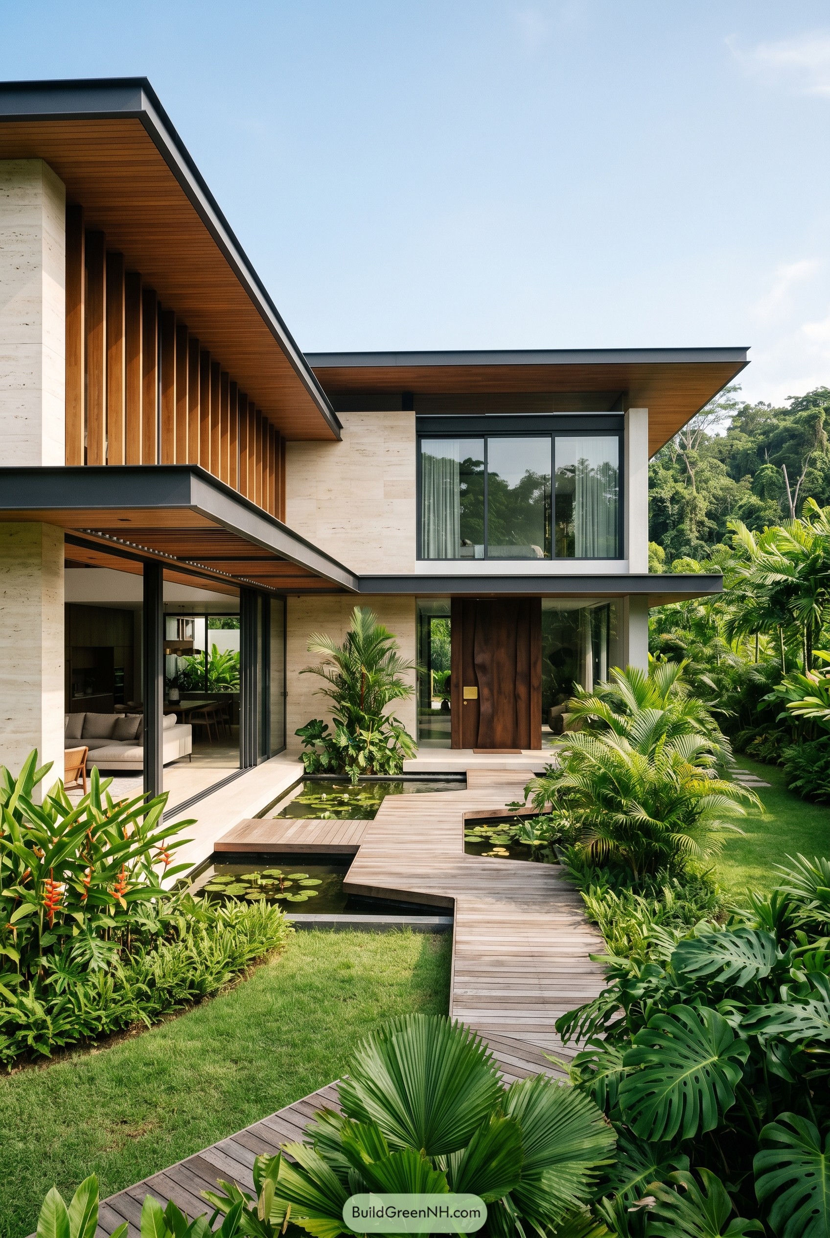 Modern tropical house with boardwalk and lily pools