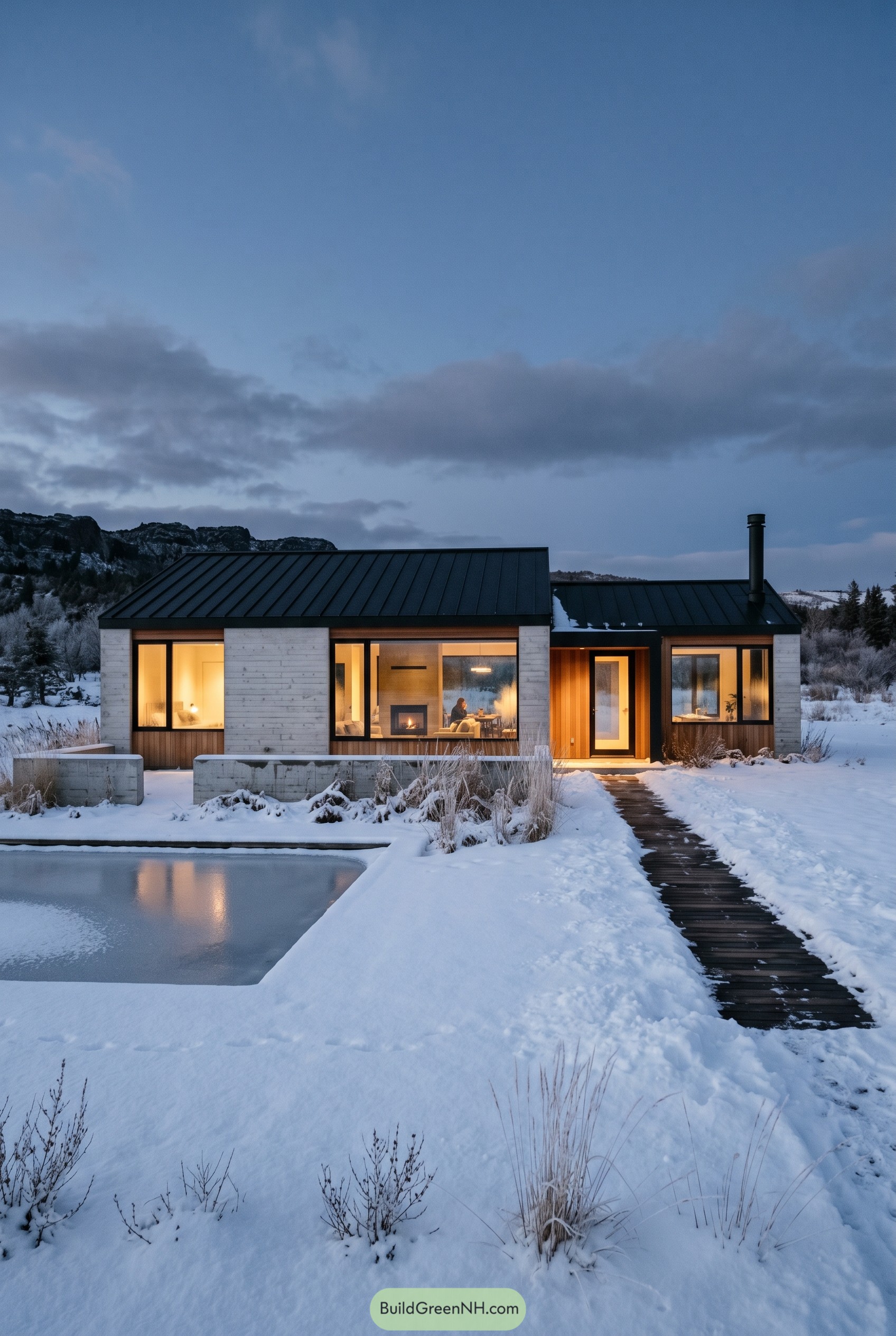 Modern single story house in snowy landscape