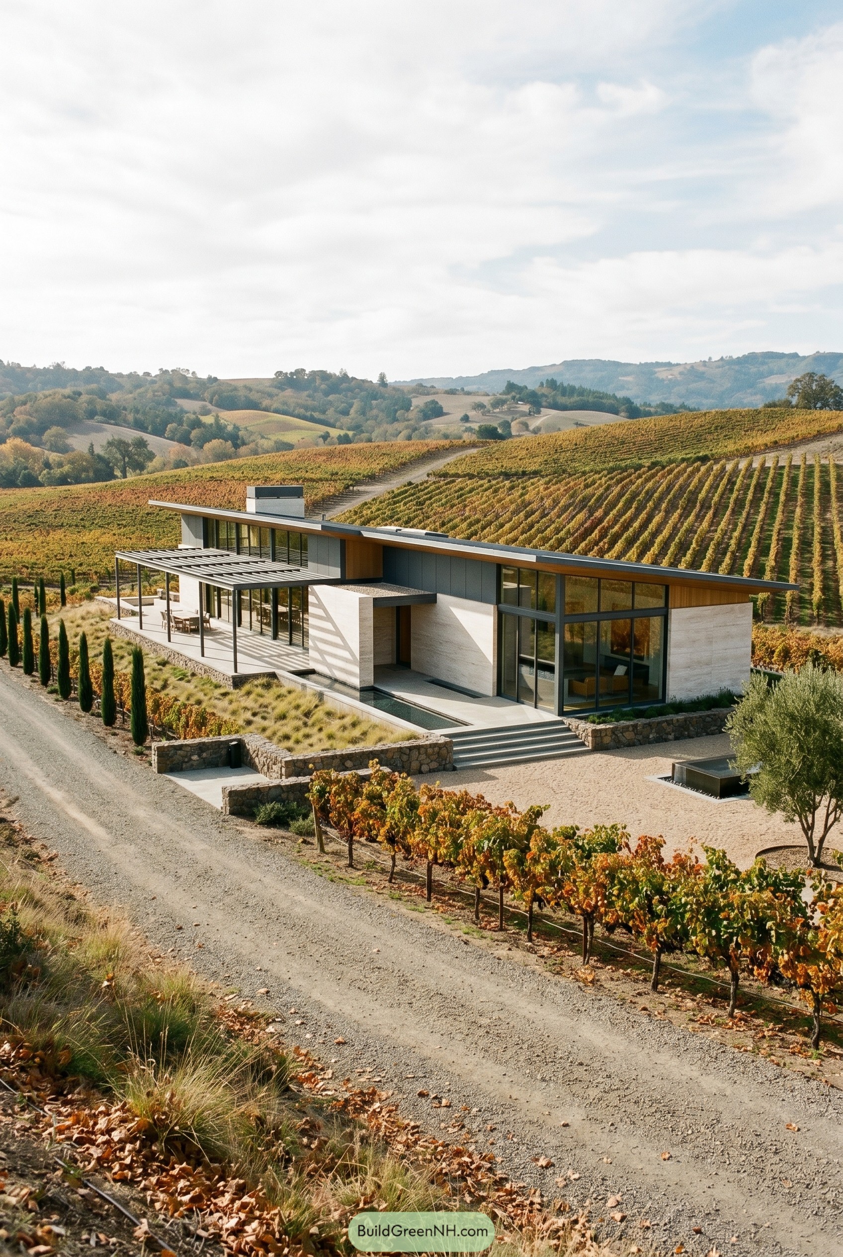 Modern hillside house overlooking vineyard rows
