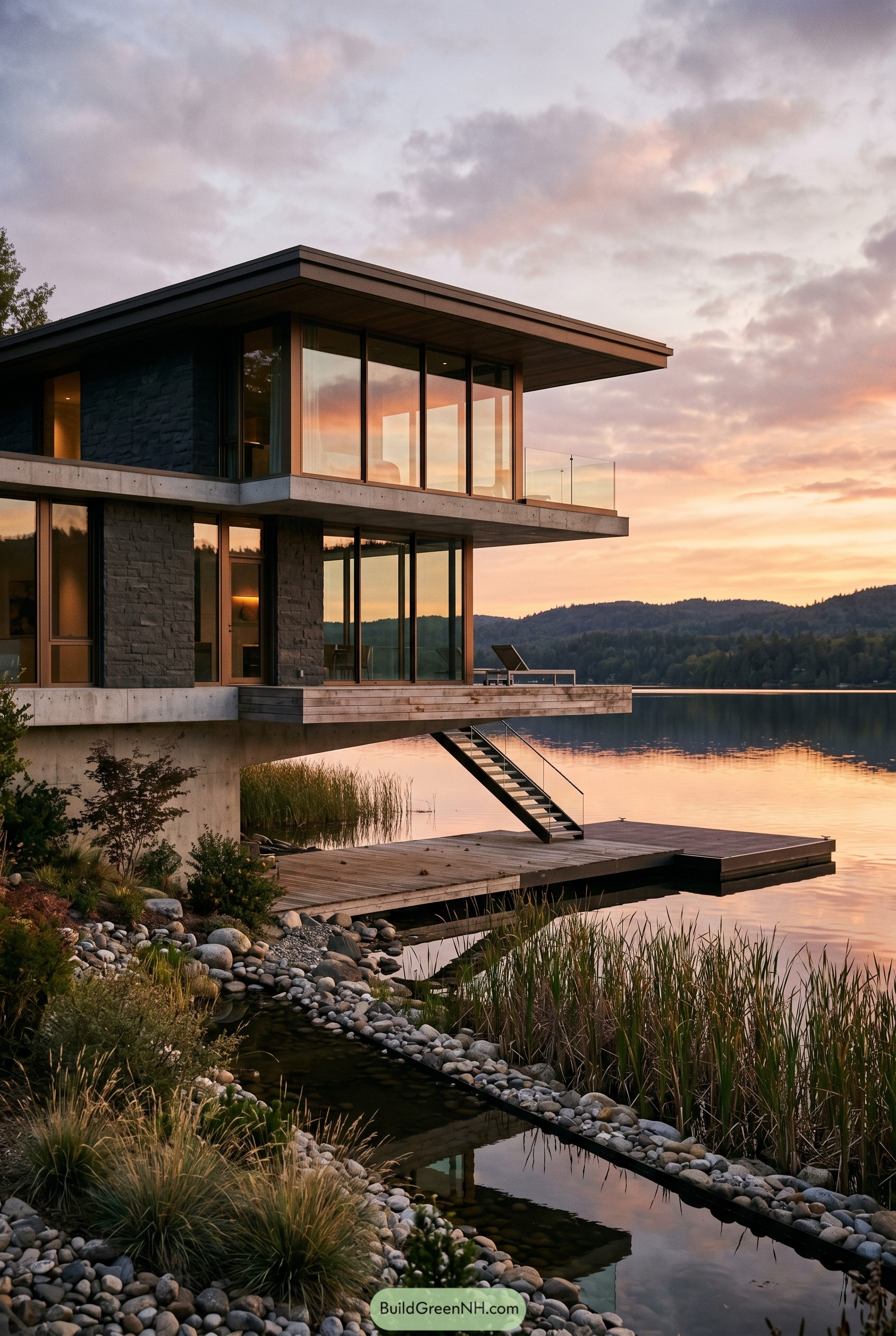 Modern lakeside house with dock at sunset