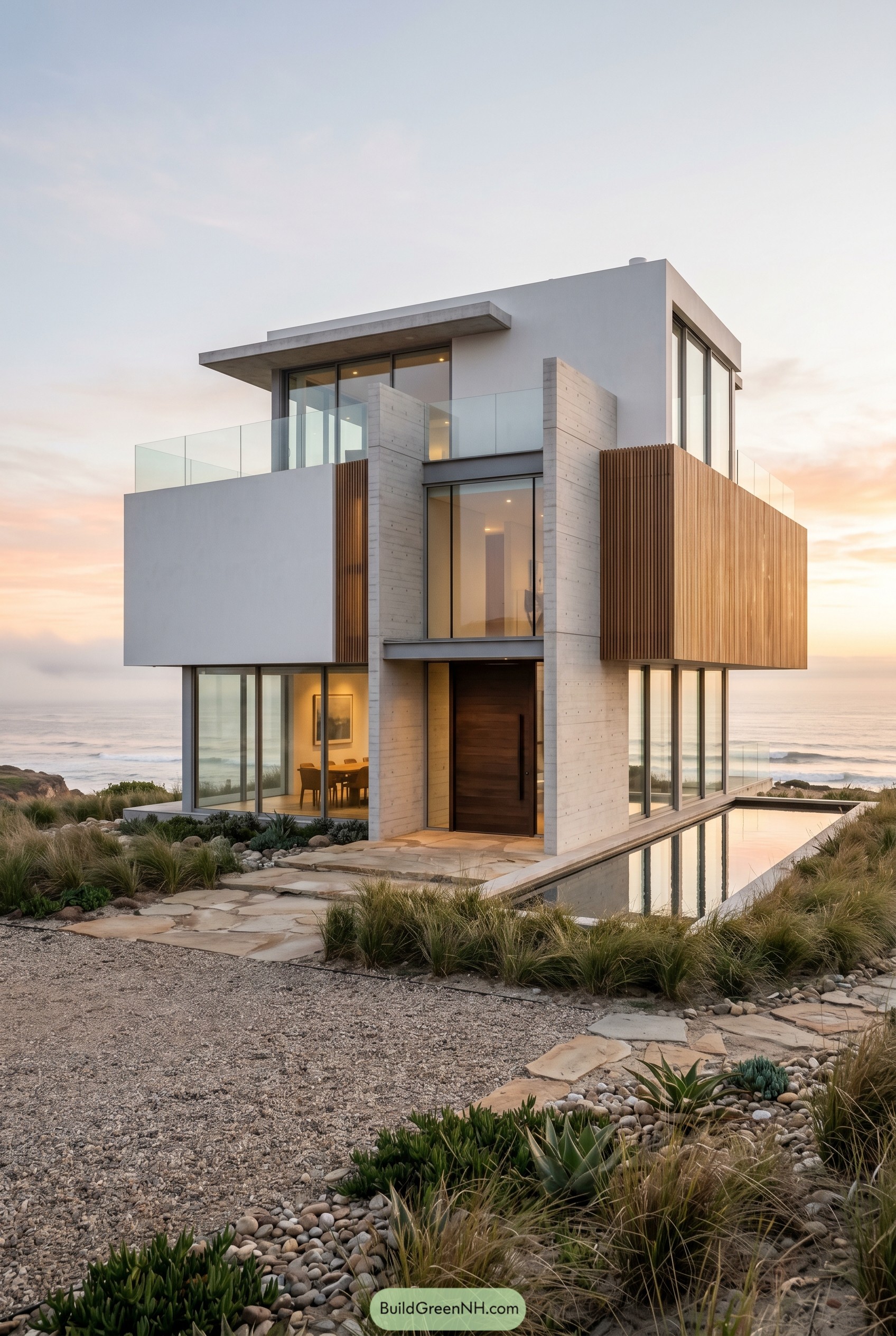 Modern coastal house with concrete and wood screens