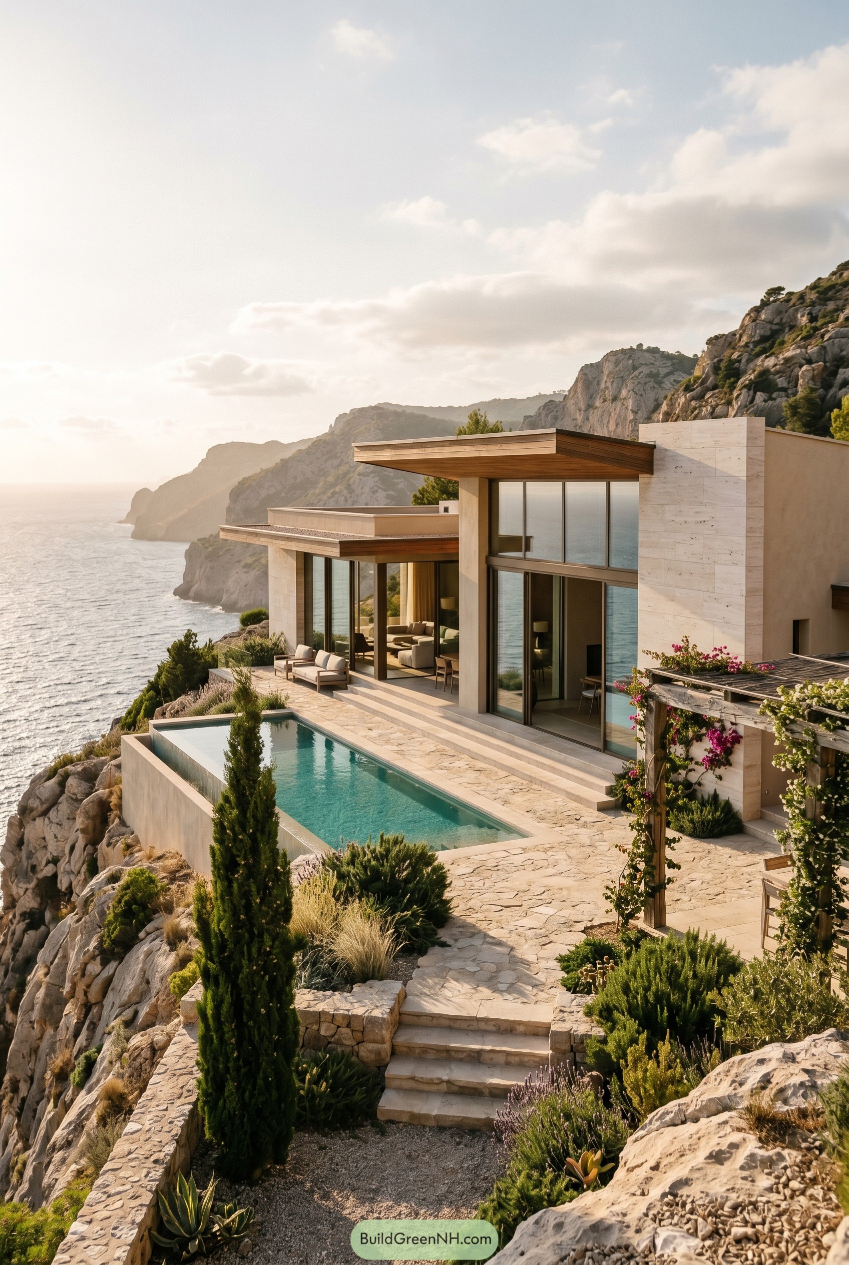 Modern cliffside house with pool over sea