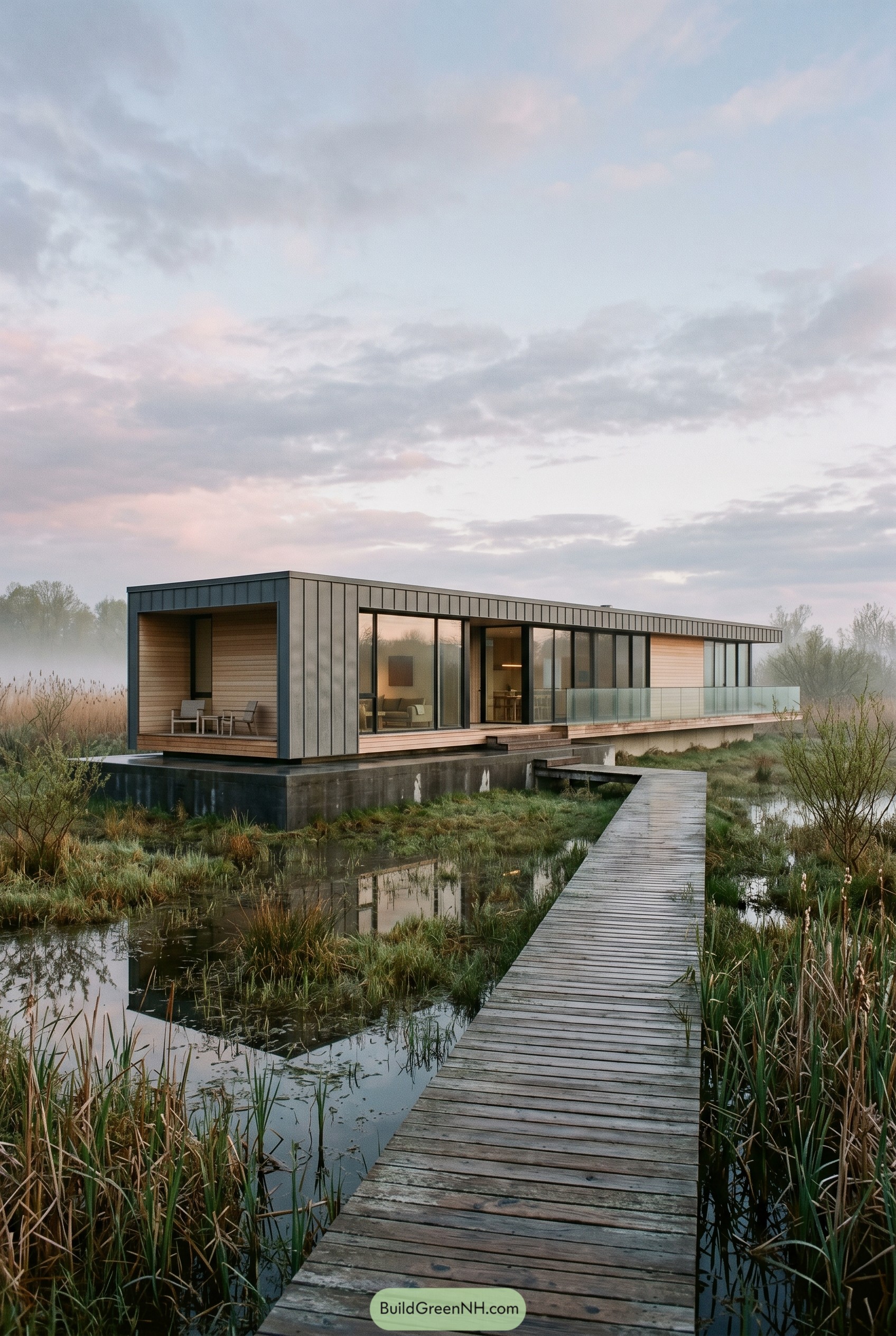 Single story modern house over a misty marsh