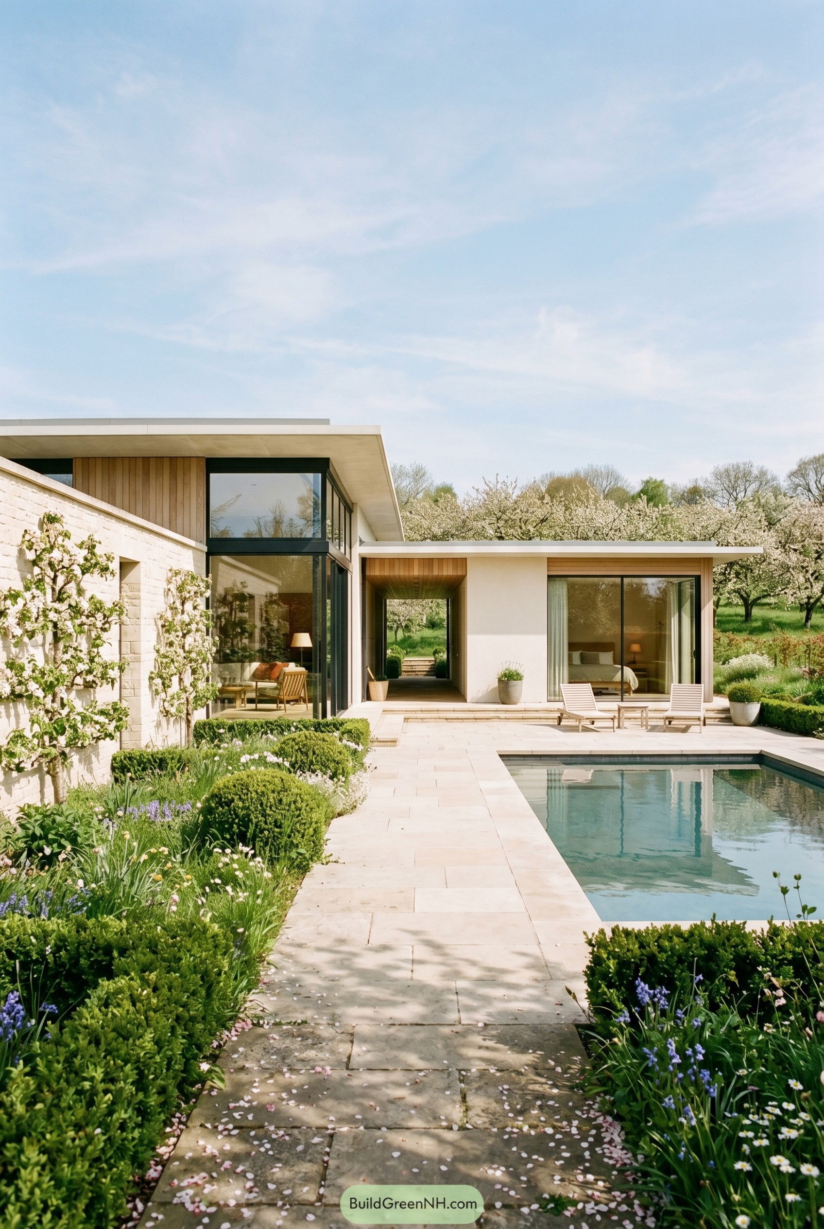 Single story modern house with pool and flowering garden