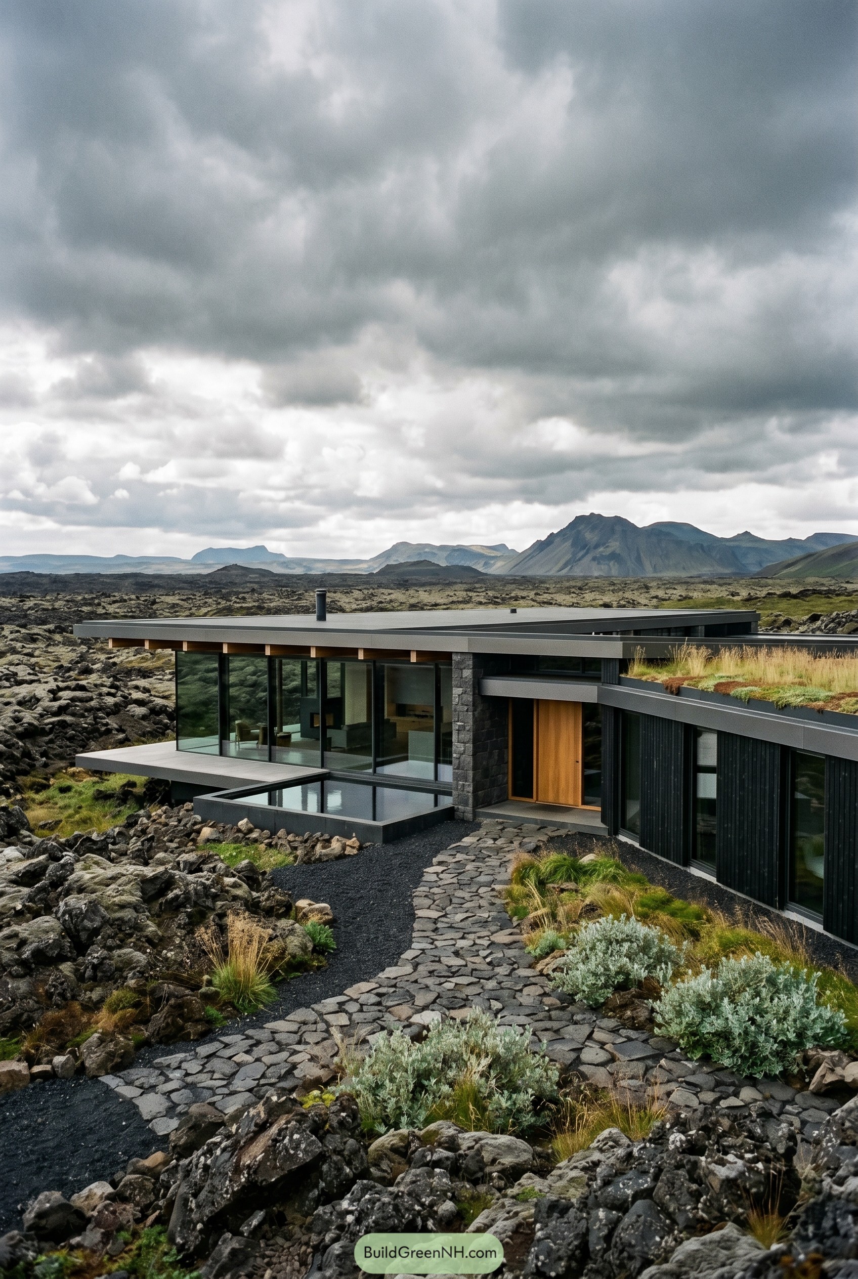 Modern single story house with green roof in volcanic landscape