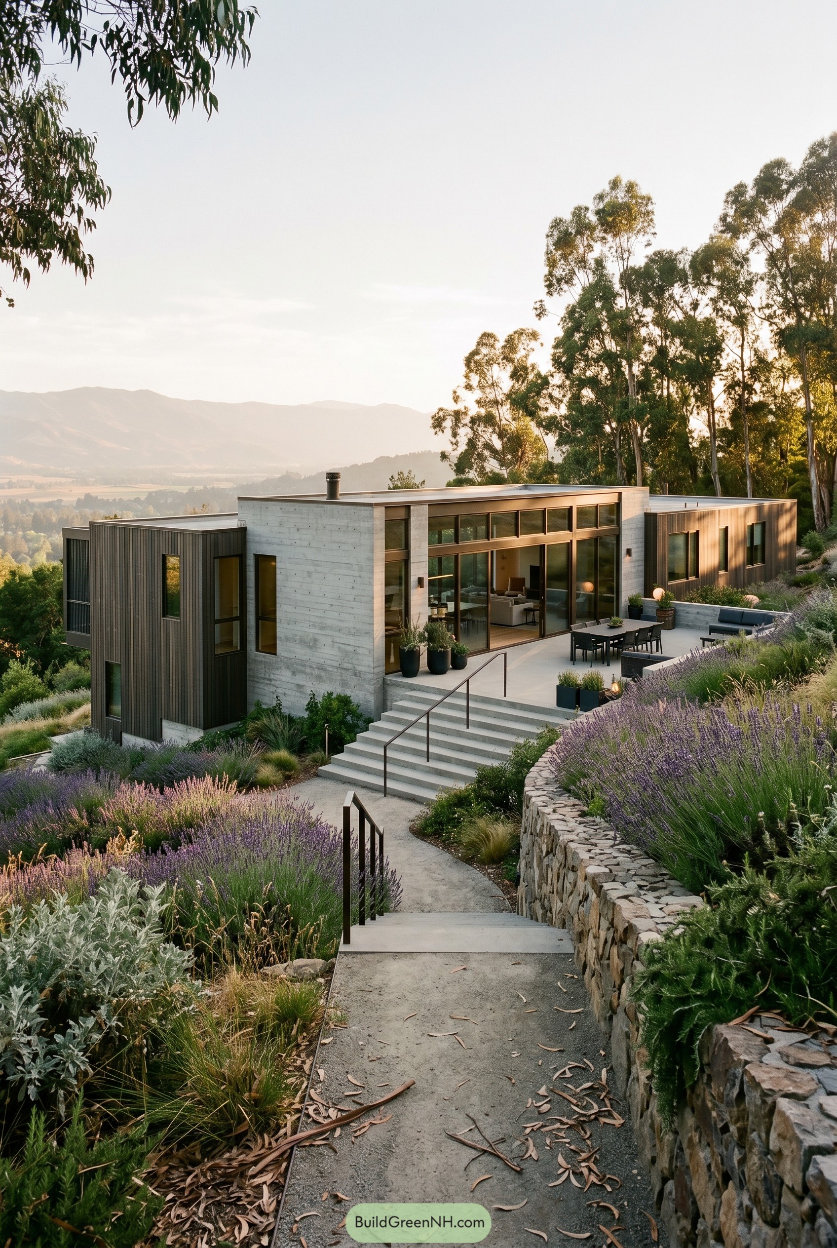 Modern hillside concrete home with lavender terraces