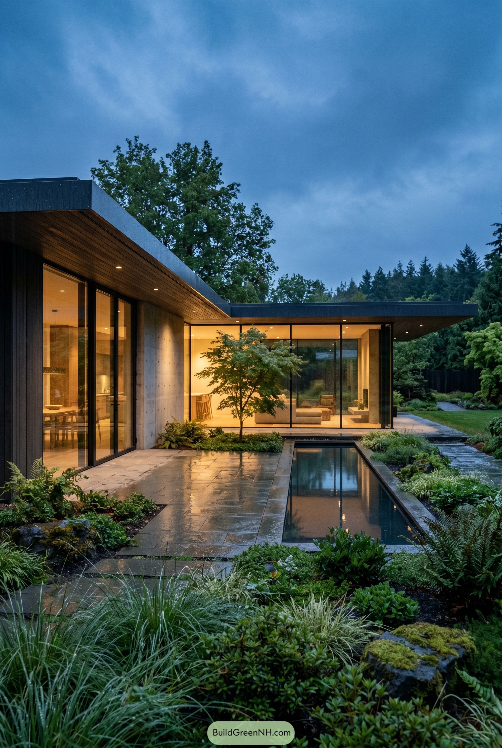Single story modern home with reflecting pool