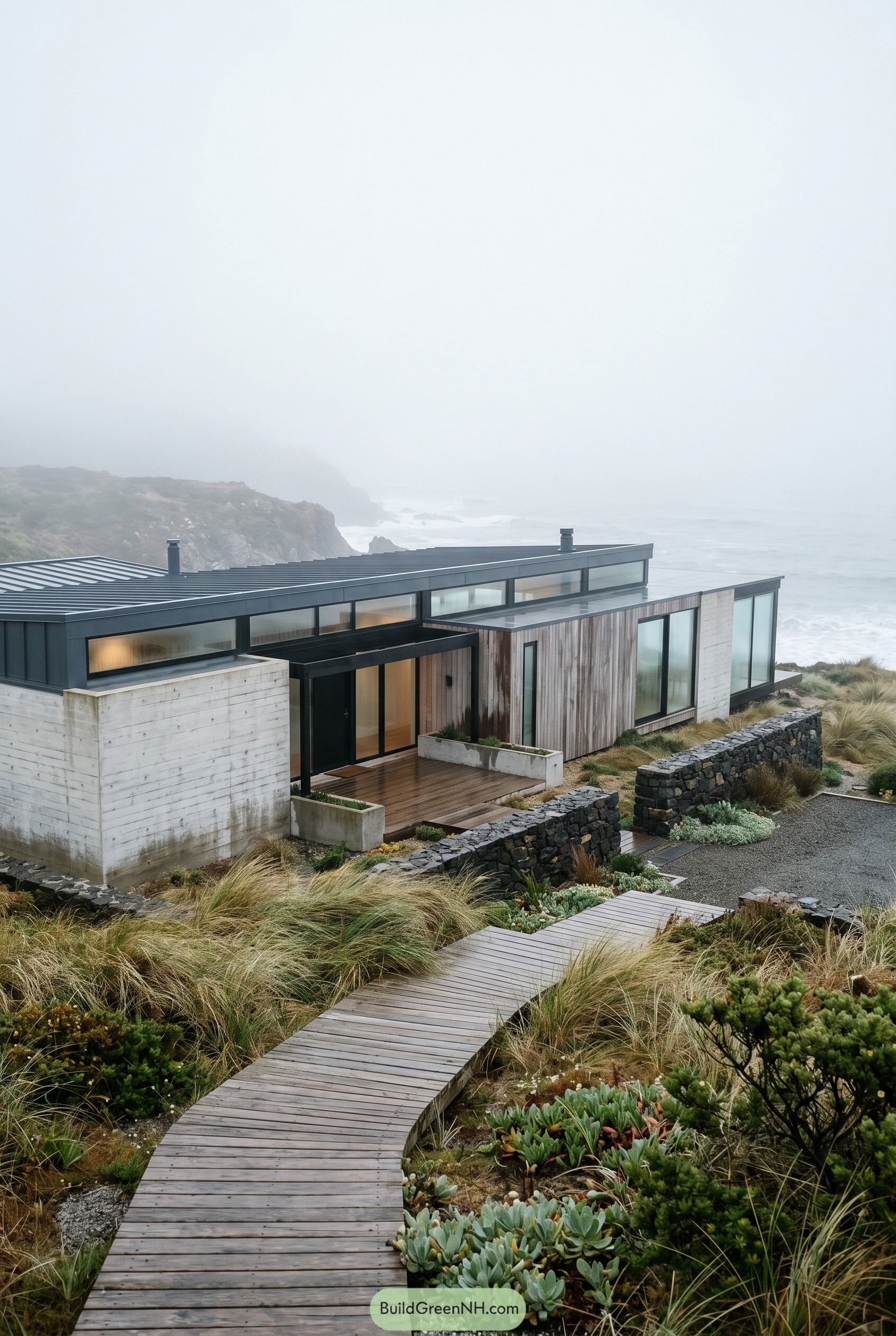 Modern coastal single story house in fog