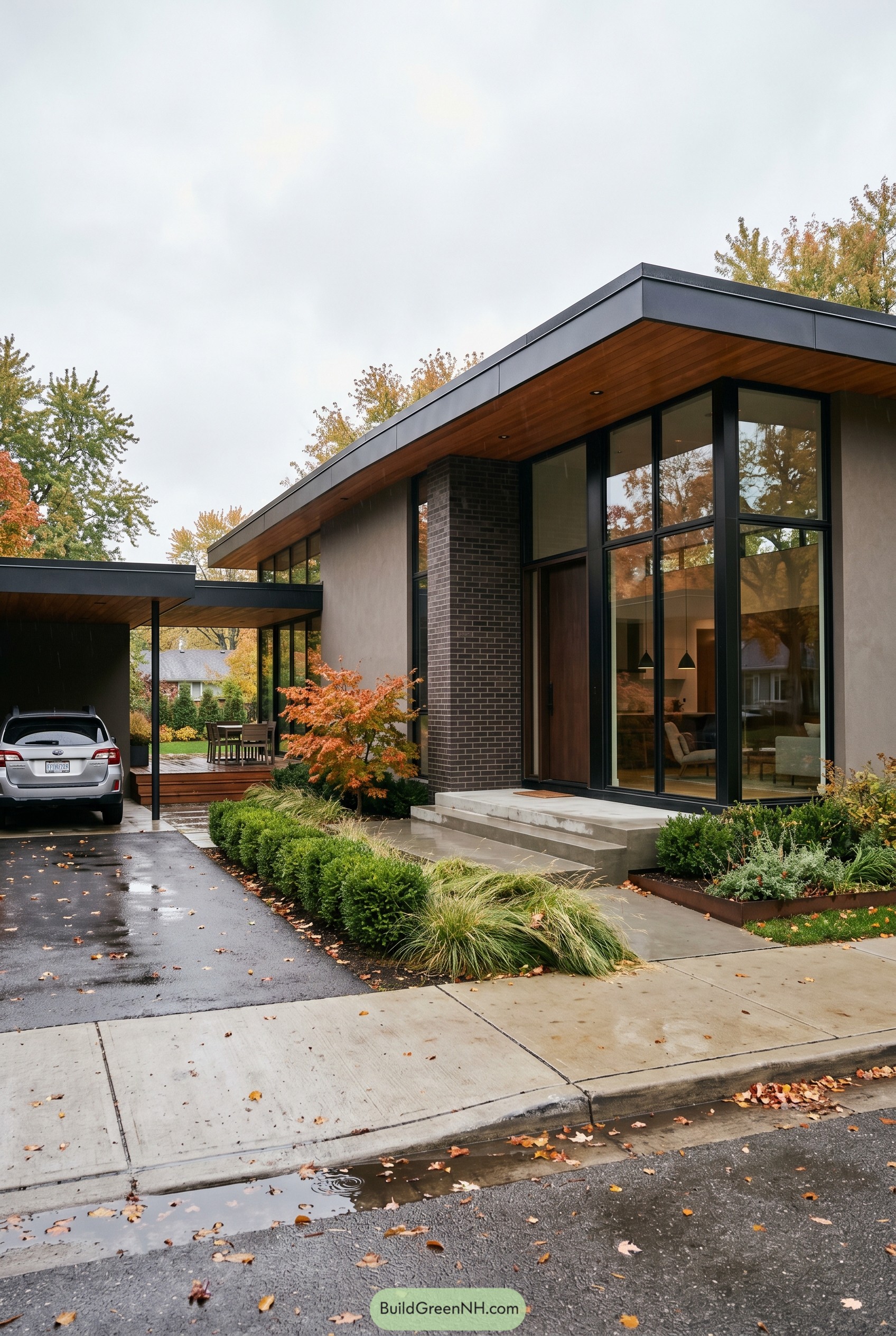 Modern single story house with tall windows and carport