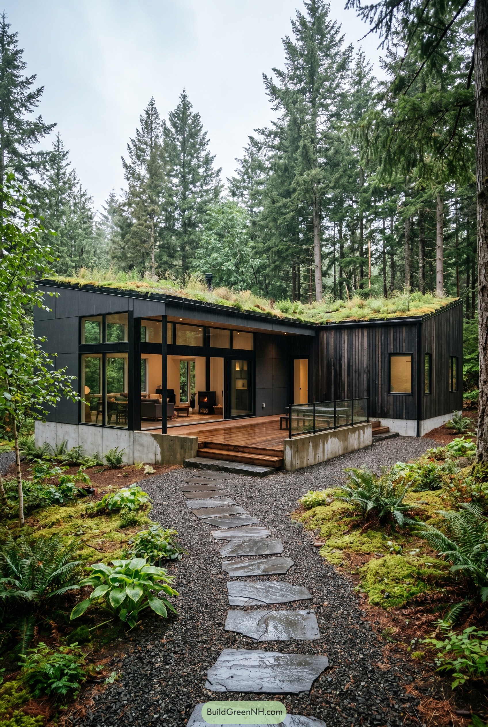 Black modern house with green roof in a forest