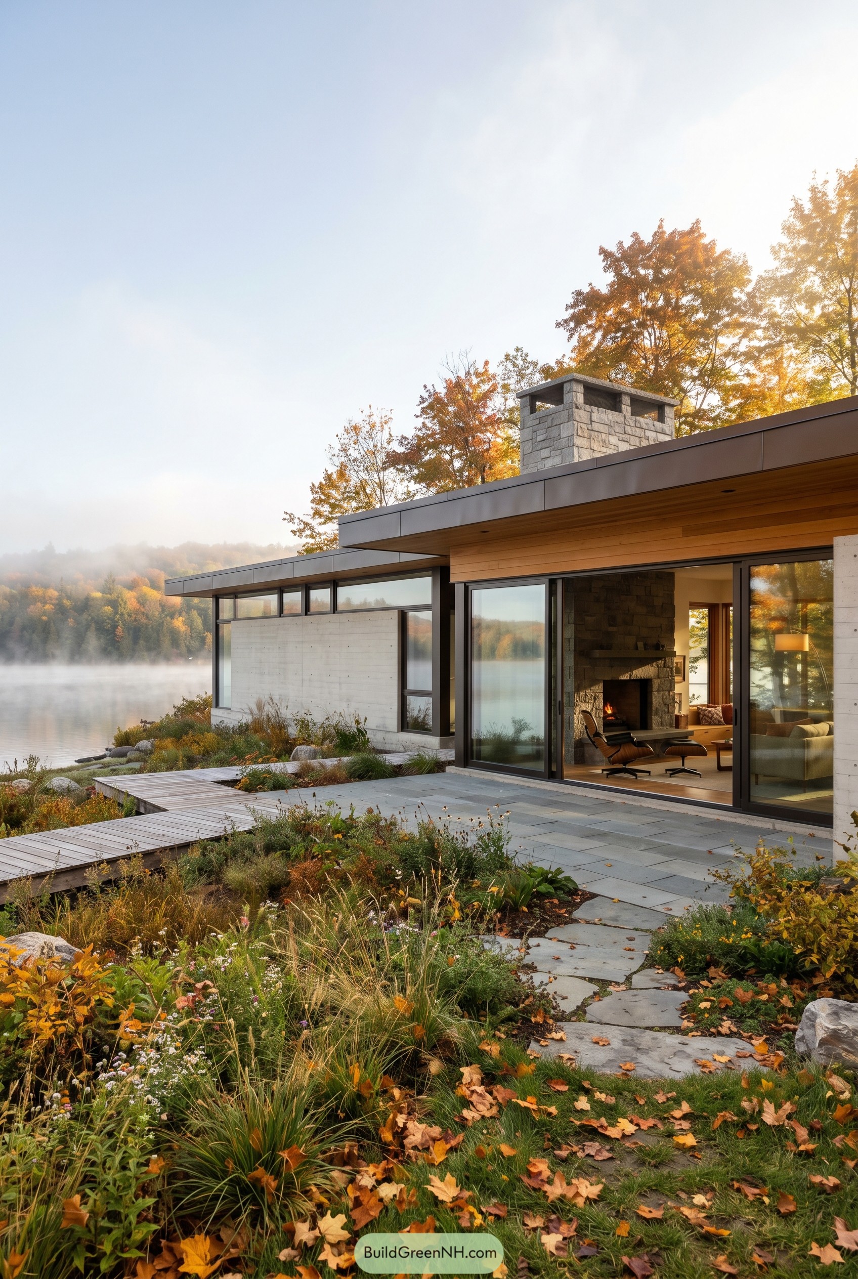 Single story modern lakeside home with stone chimney