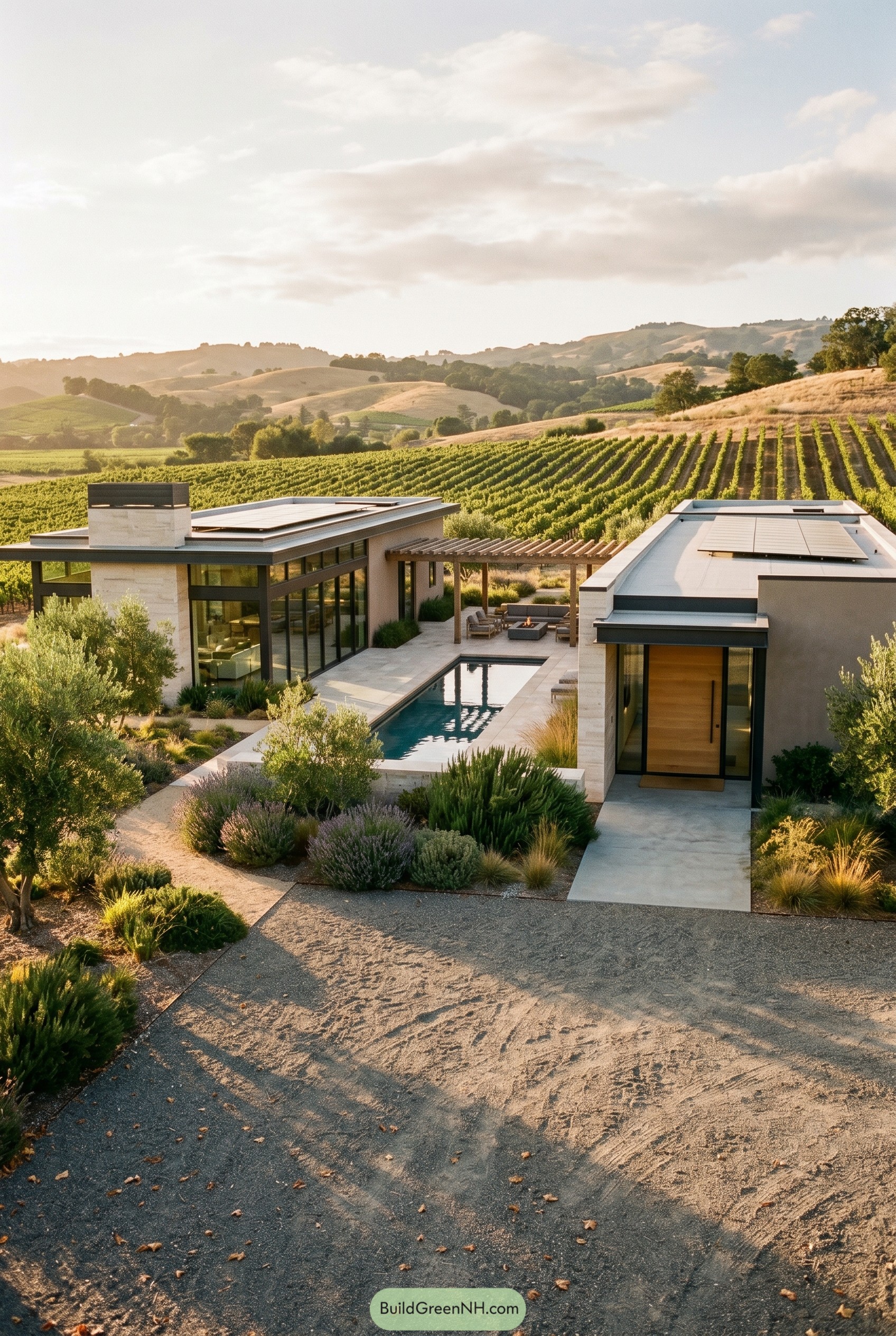 Single story vineyard home with courtyard pool