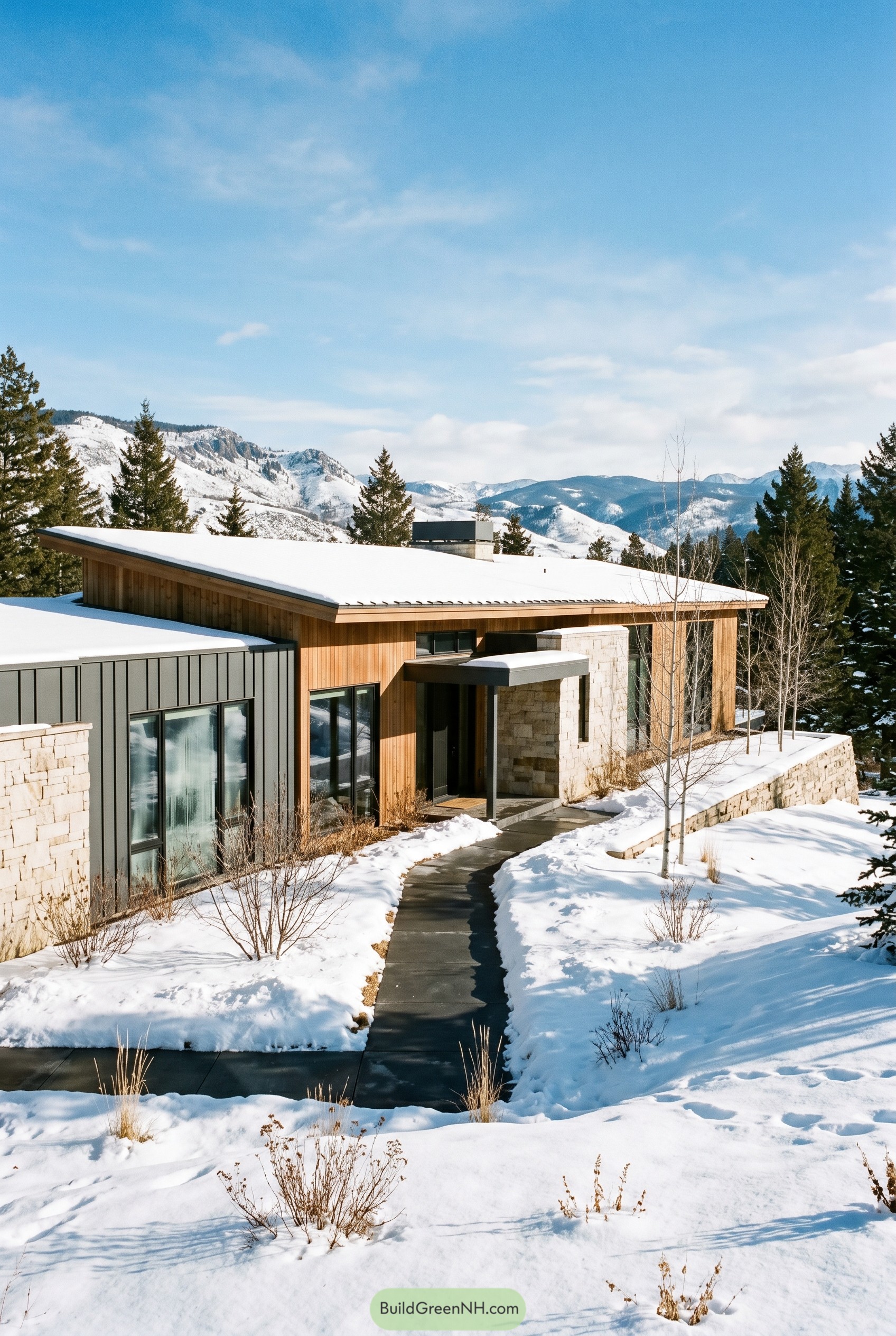 Single story mountain house in snow
